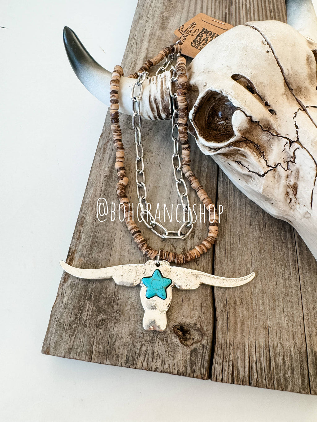 Longhorn Pendant Necklace - Wood Beads - Bull Steer Western