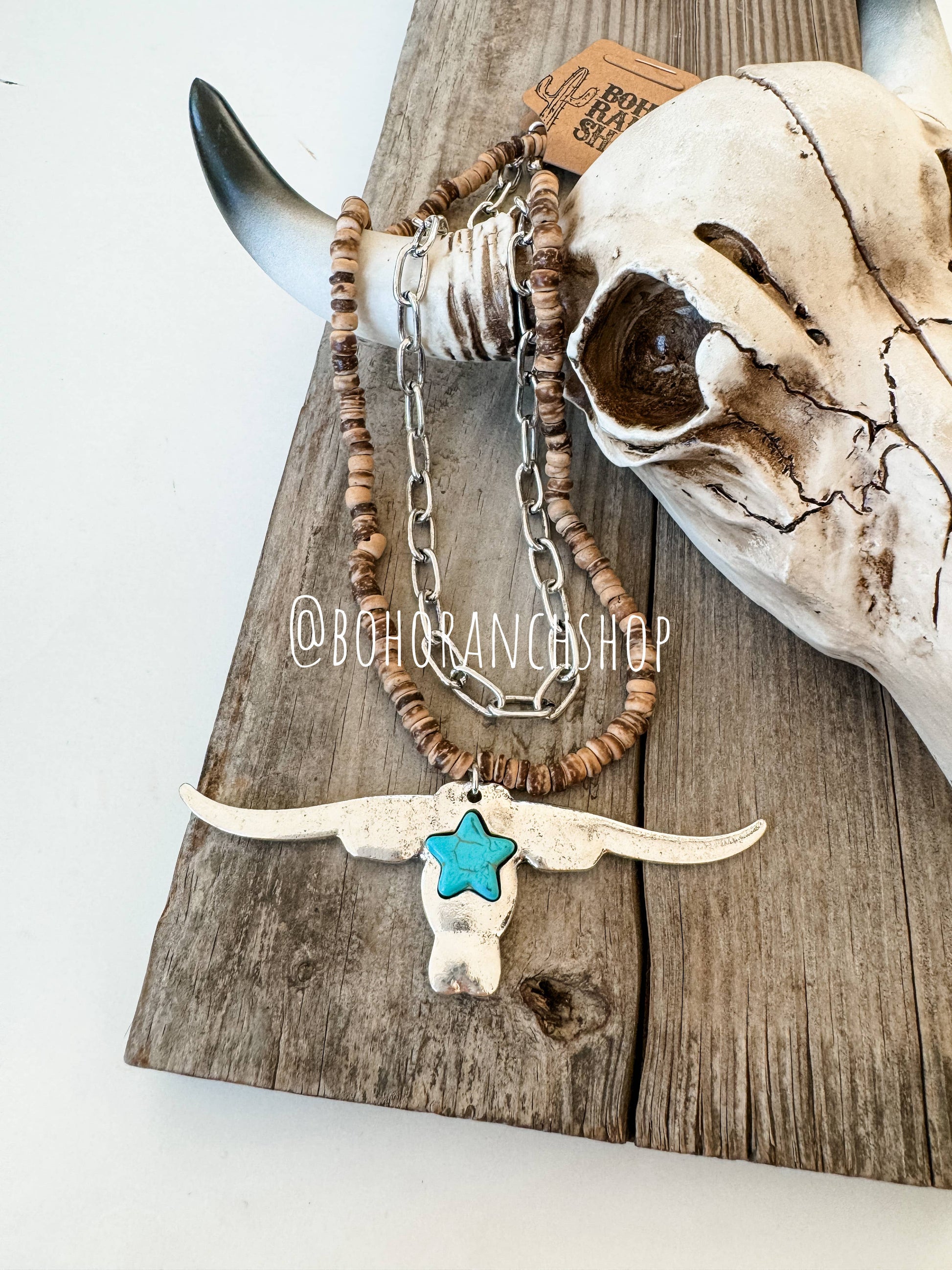 Longhorn Pendant Necklace - Wood Beads - Bull Steer Western