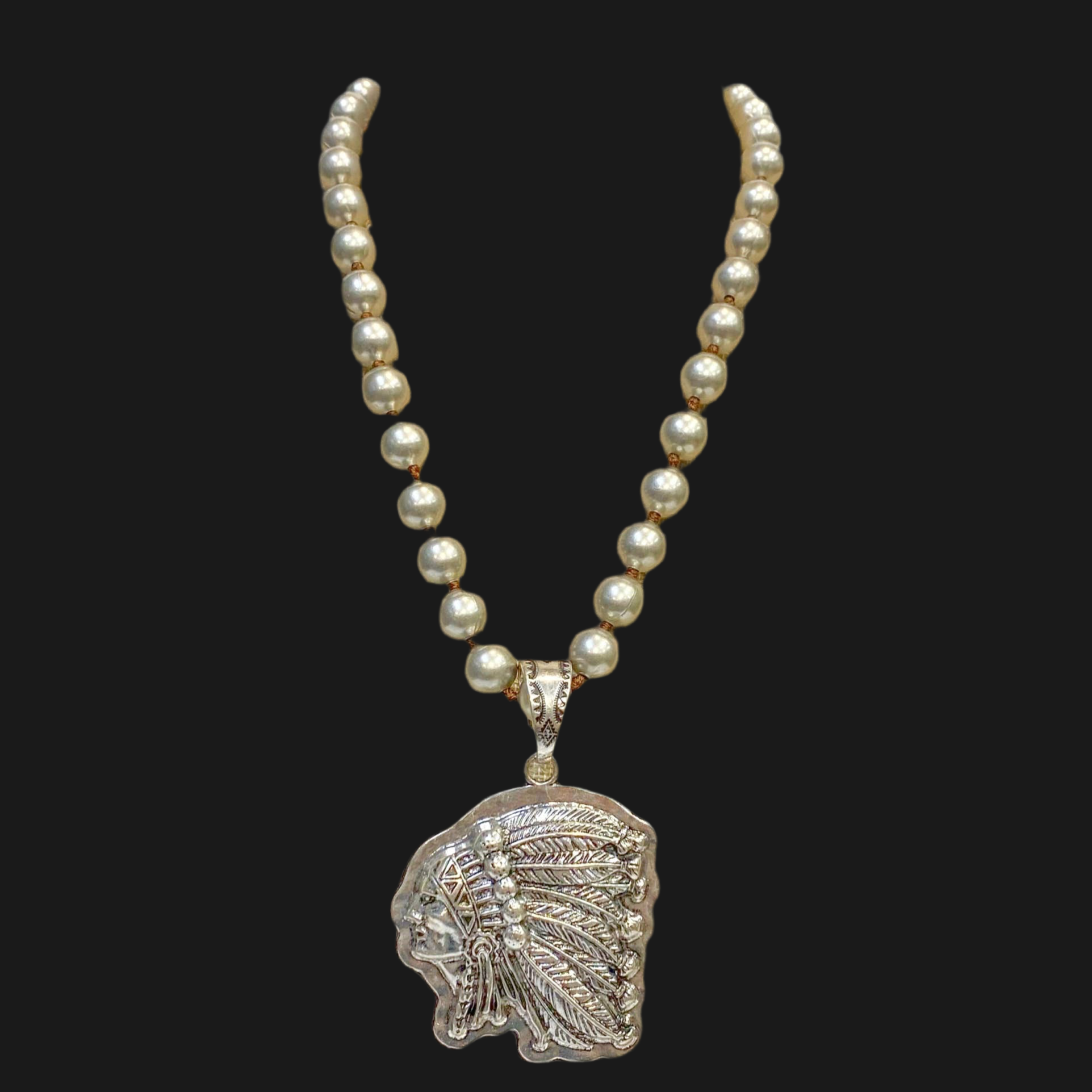 Indian Face Pendant on Faux Navajo Pearl Necklace