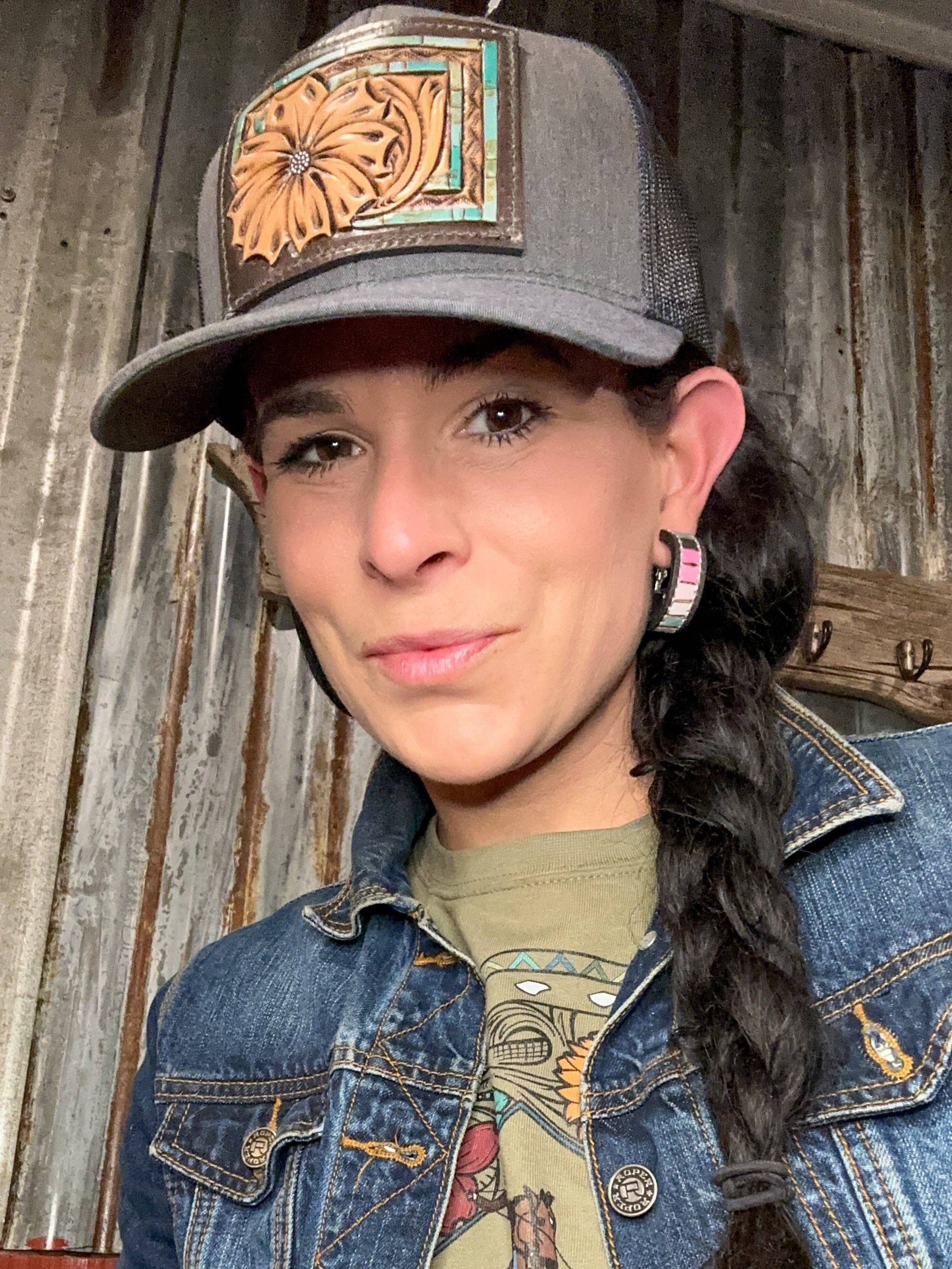 Beaded Tooled Leather Hoop Earrings 30mm Cowgirl Rodeo