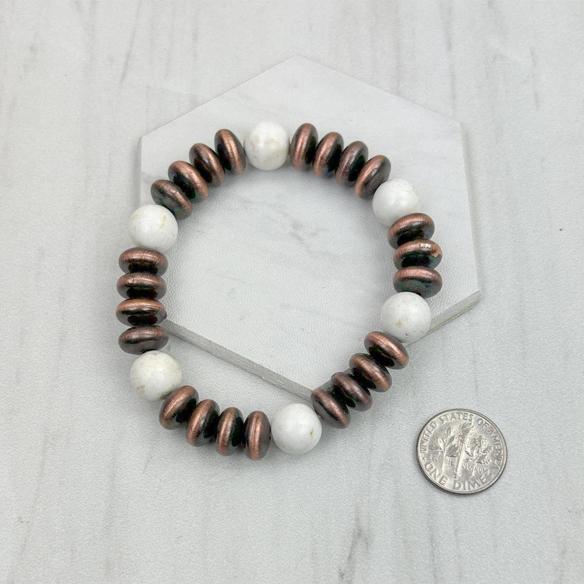 BRZ240708-58                        Blue turquoise stone and copper Navajo pearl beads bracelet