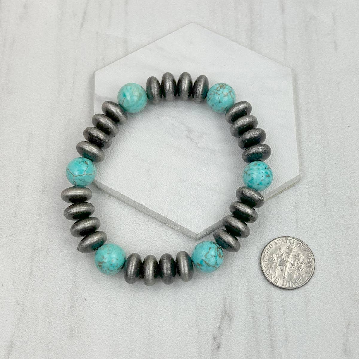 BRZ240708-54                    Blue turquoise stone and Silver Navajo pearl beads bracelet