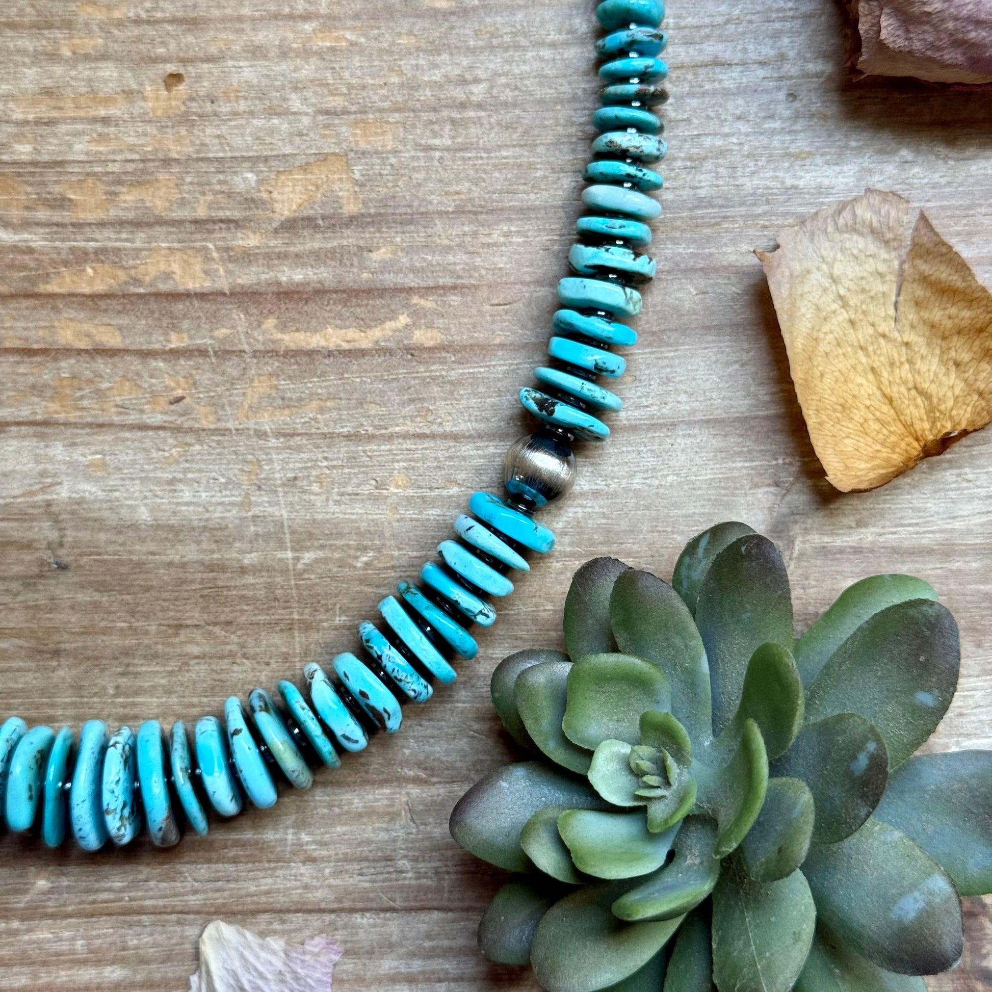 23” Ice Blue Turquoise Graduated Necklace – Sterling Silver & Hematite