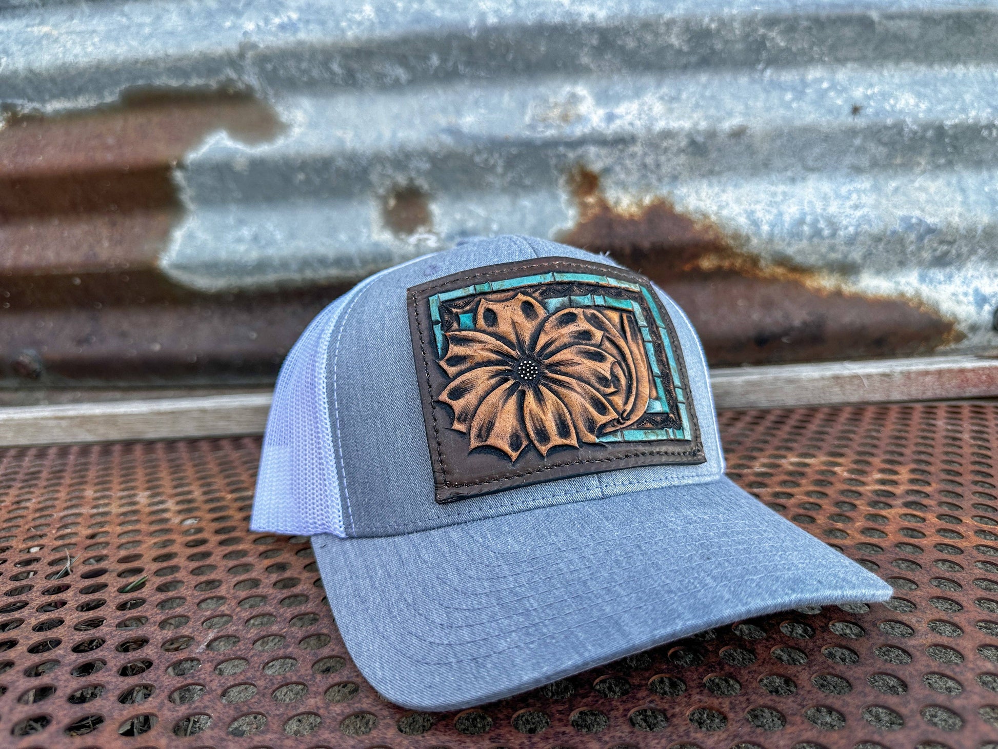 Daisy Handtooled Leather Patch Cap with Turquoise Southwestern Border Cowgirl Rodeo Western Cowboy