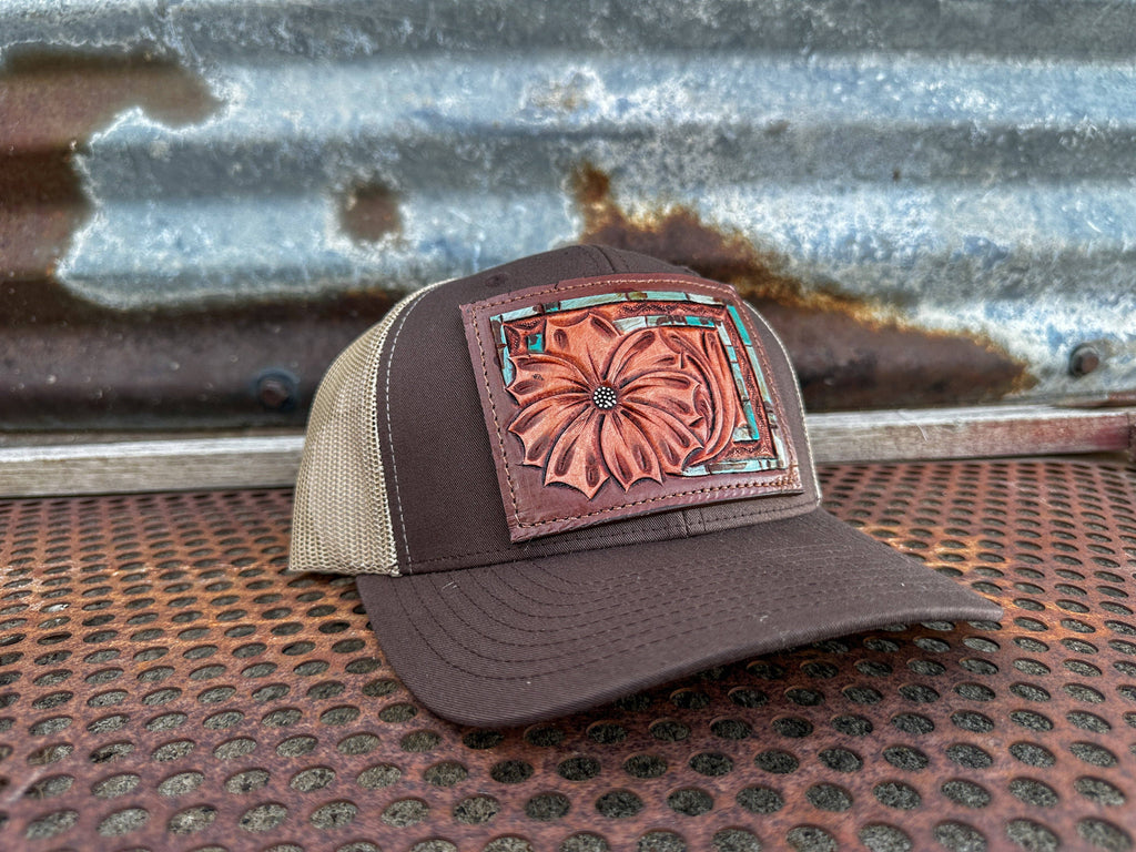 Daisy Handtooled Leather Patch Cap with Turquoise Southwestern Border Cowgirl Rodeo Western Cowboy