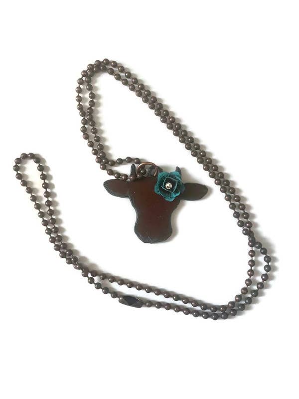 Rustic COW Face shape necklace with turquoise flower