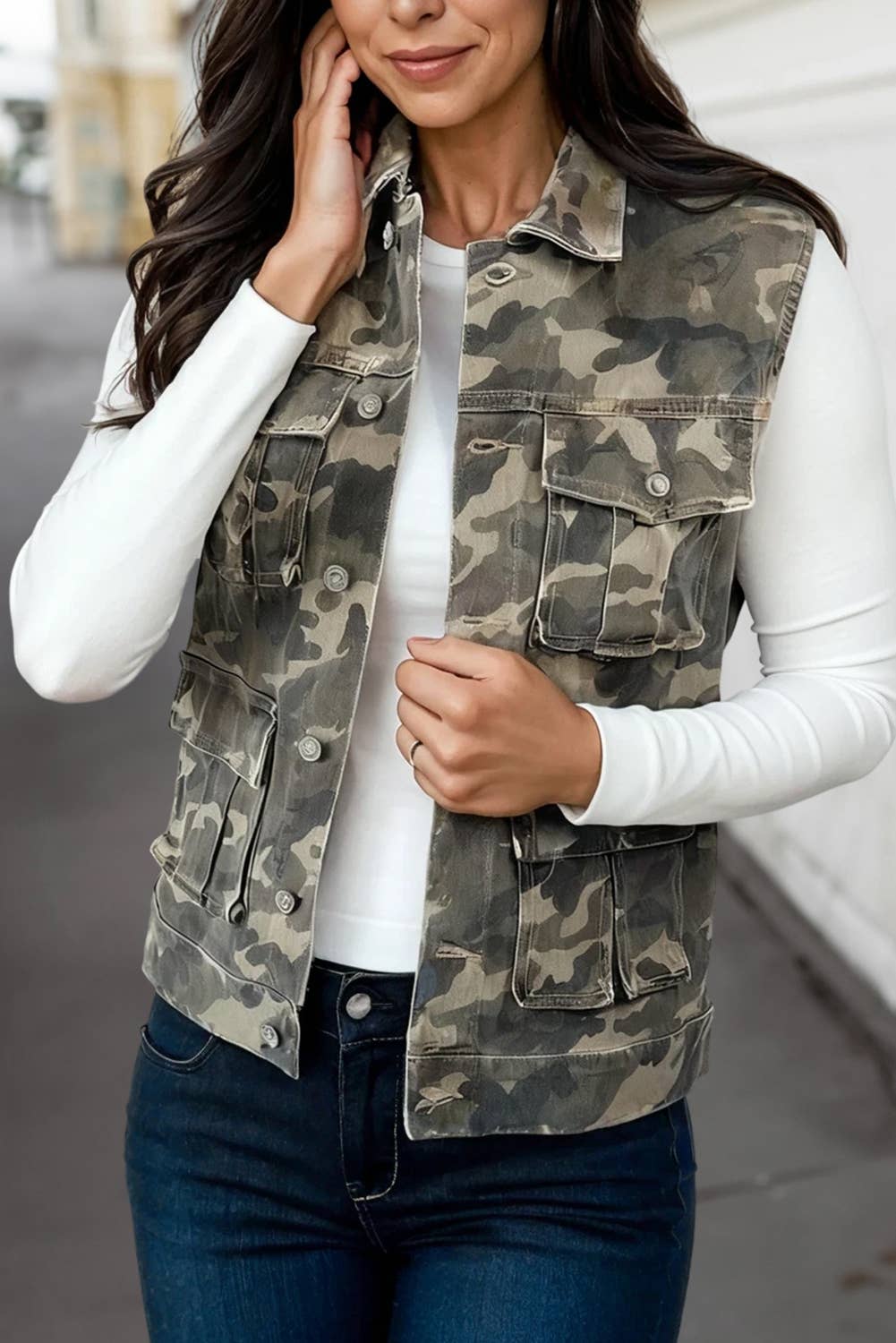 Camouflage Print Button Down Denim Vest | S-XL