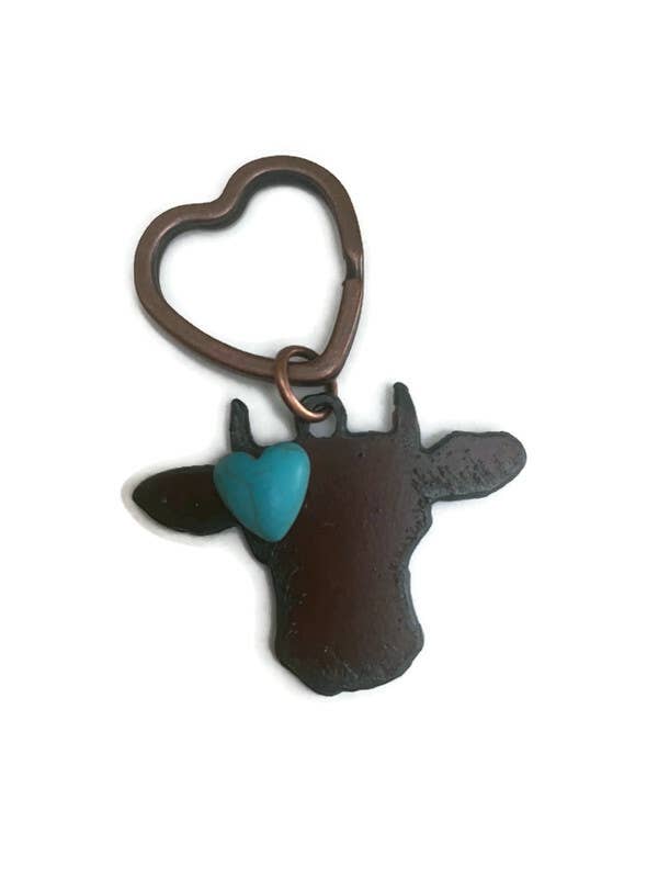 Rustic COW FACE Farm animal metal keychain with heart