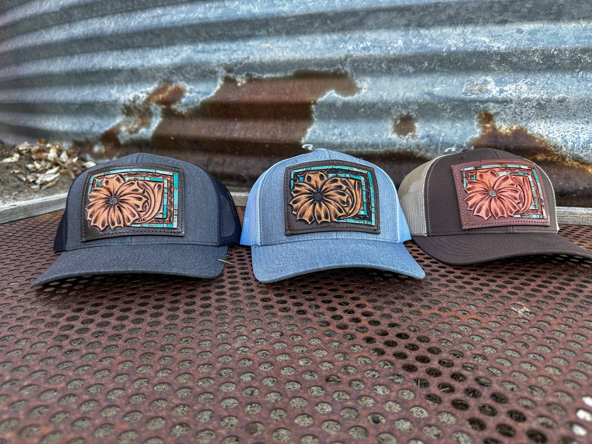Daisy Handtooled Leather Patch Cap with Turquoise Southwestern Border Cowgirl Rodeo Western Cowboy