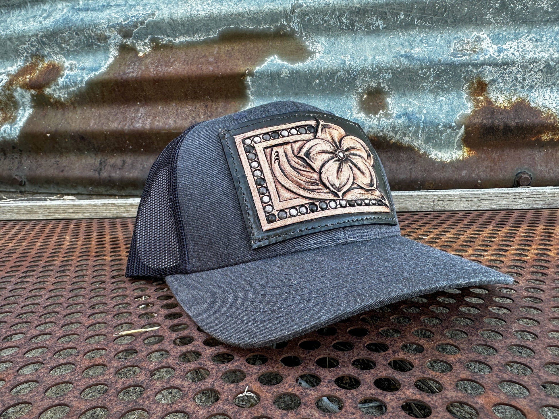 Pansy Handtooled Leather Patch Cap with Beaded Border Cowgirl Rodeo Western Cowboy