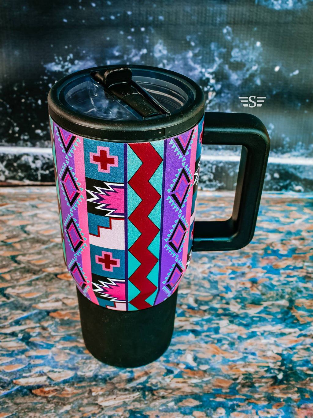 Purple Vintage Geo Flip Lid Tumbler