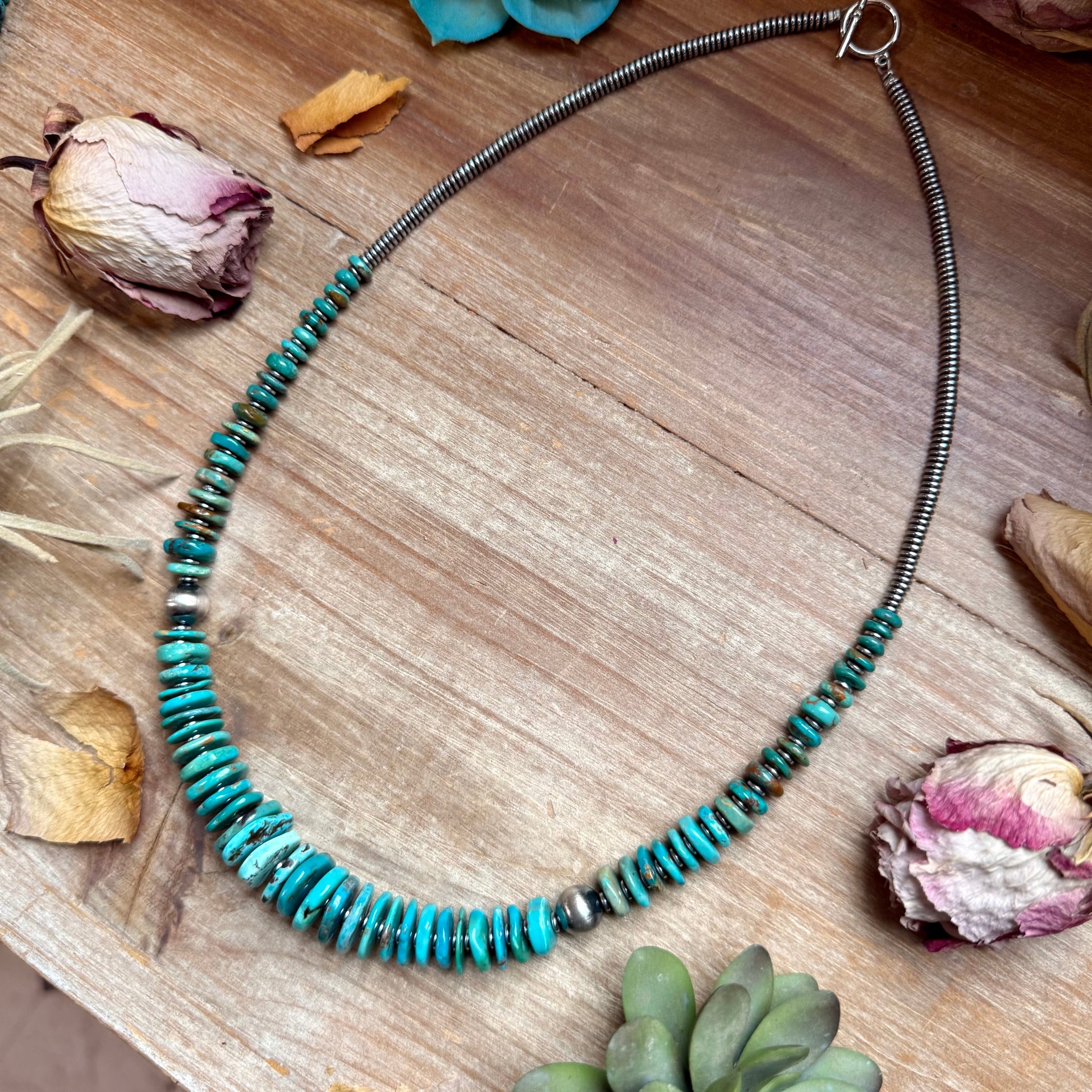 Turquoise Graduated Necklace with Hematite & Sterling Silver Accents – 23”