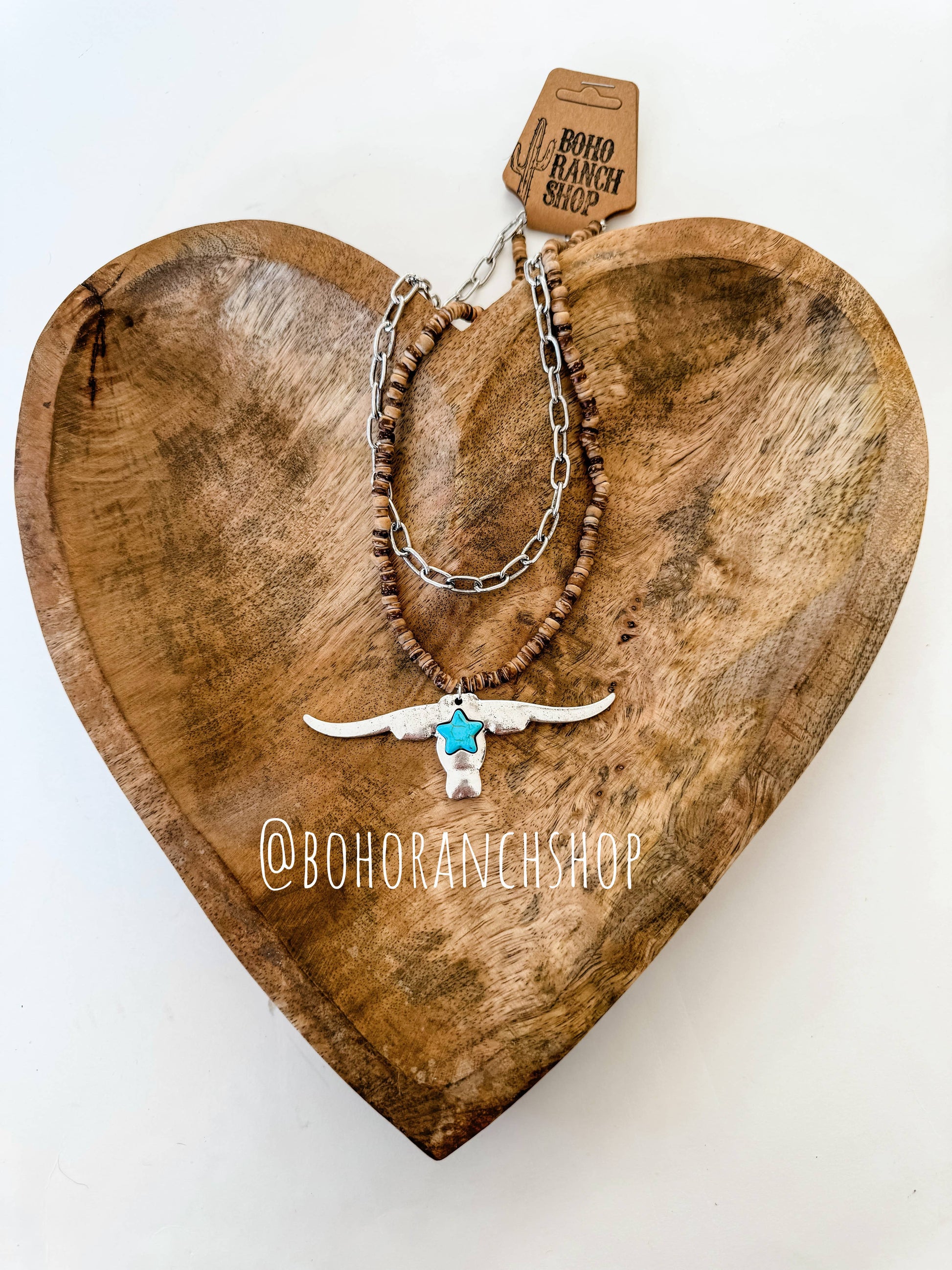 Longhorn Pendant Necklace - Wood Beads - Bull Steer Western