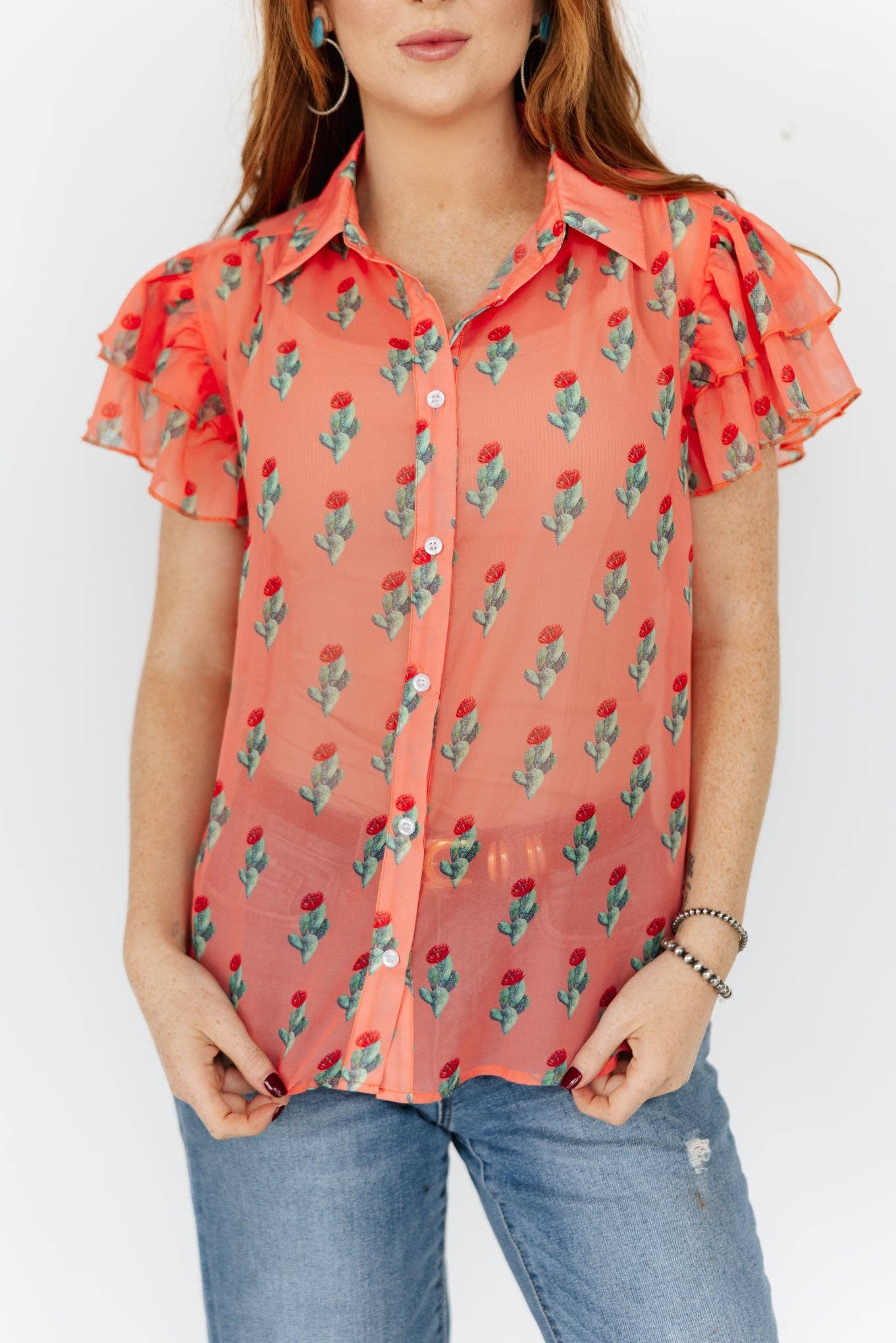 TH198 CORAL CACTUS DOUBLE FLUTTER BLOUSE