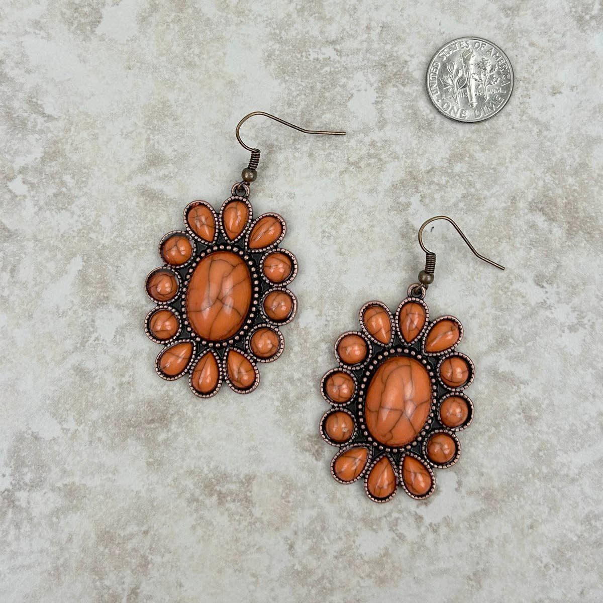 Cooper with Orange Stone Concho Dangle Earrings