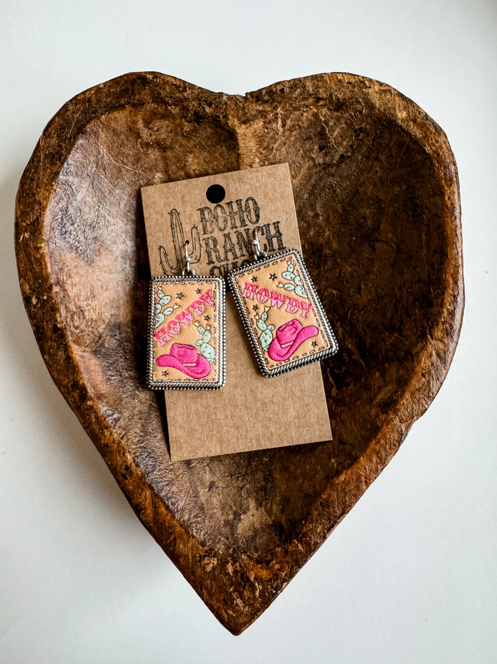 Western Tooled Leather Square Earrings - Howdy