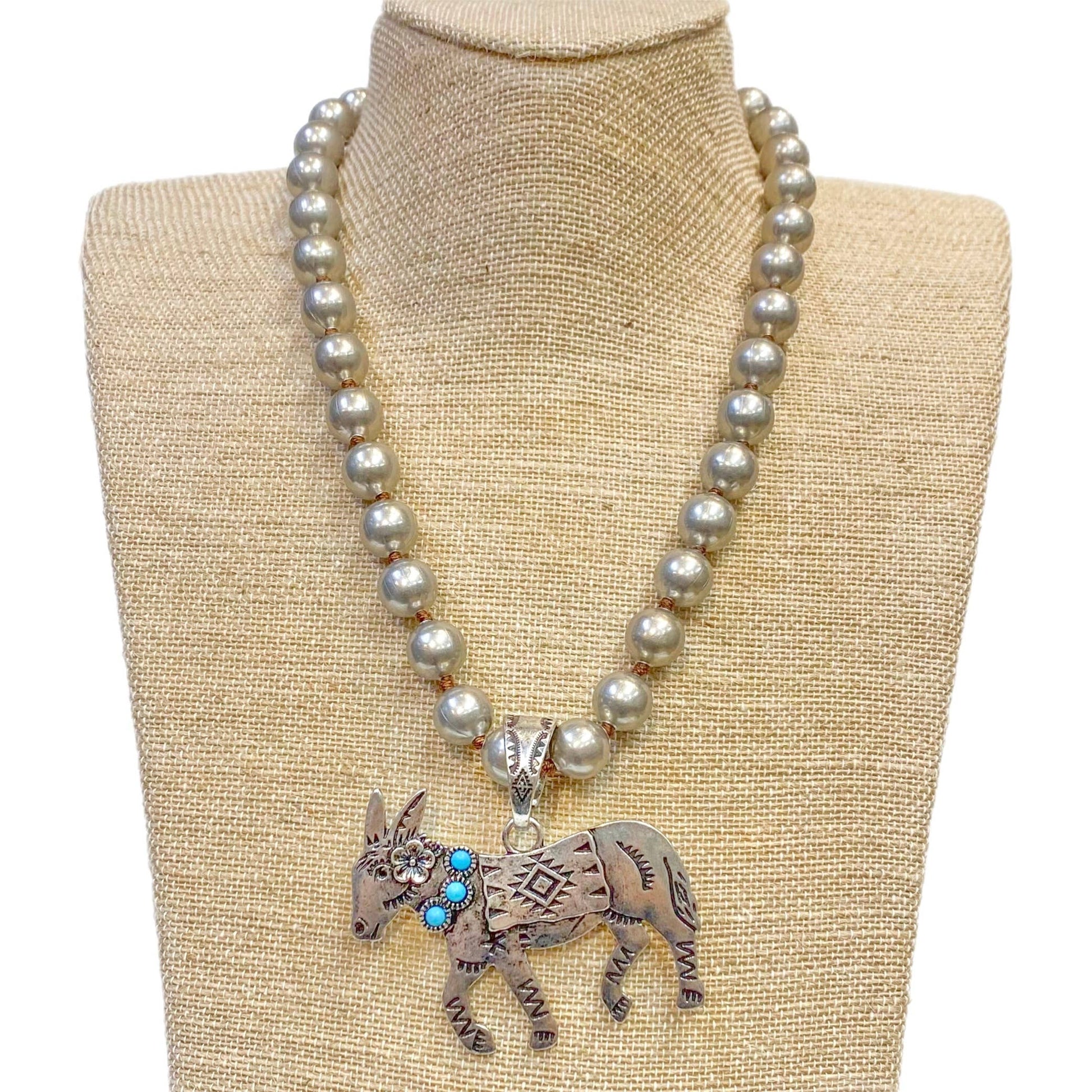 Donkey with Turquoise Pendant on Faux Navajo Pearl Necklace