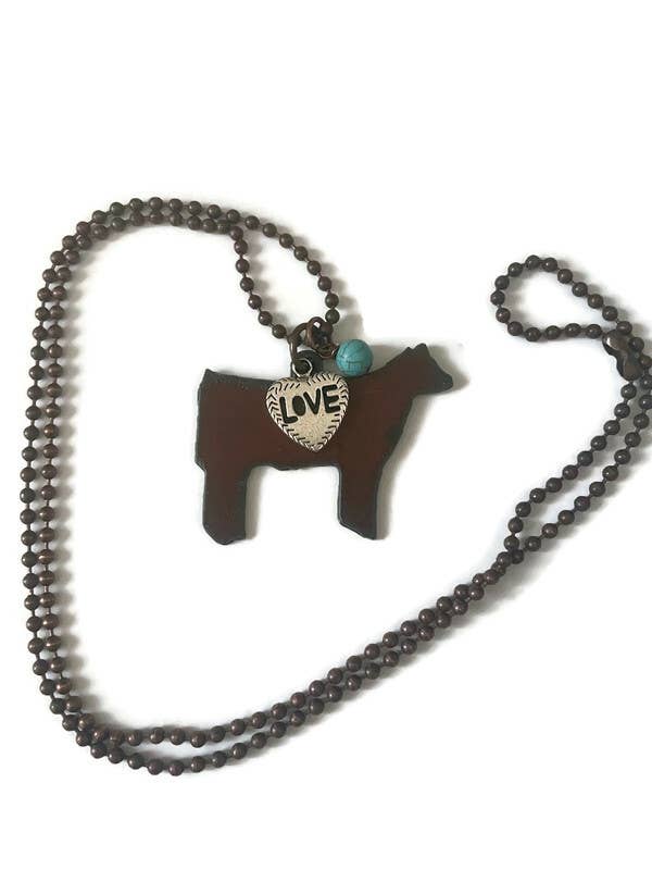 Rustic Show STEER Cow necklace with love charm and bead