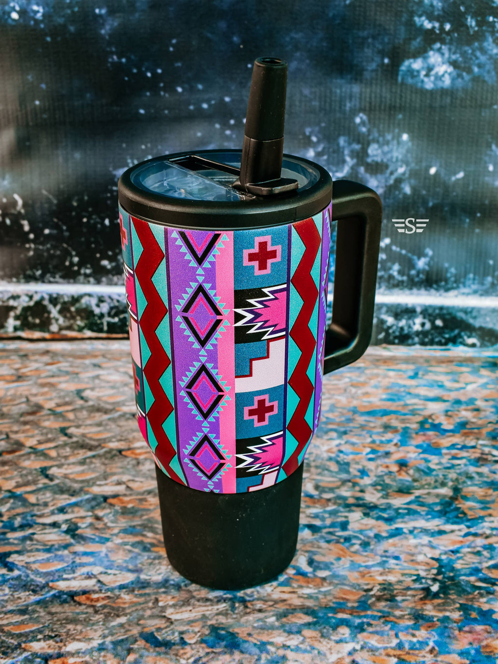 Purple Vintage Geo Flip Lid Tumbler