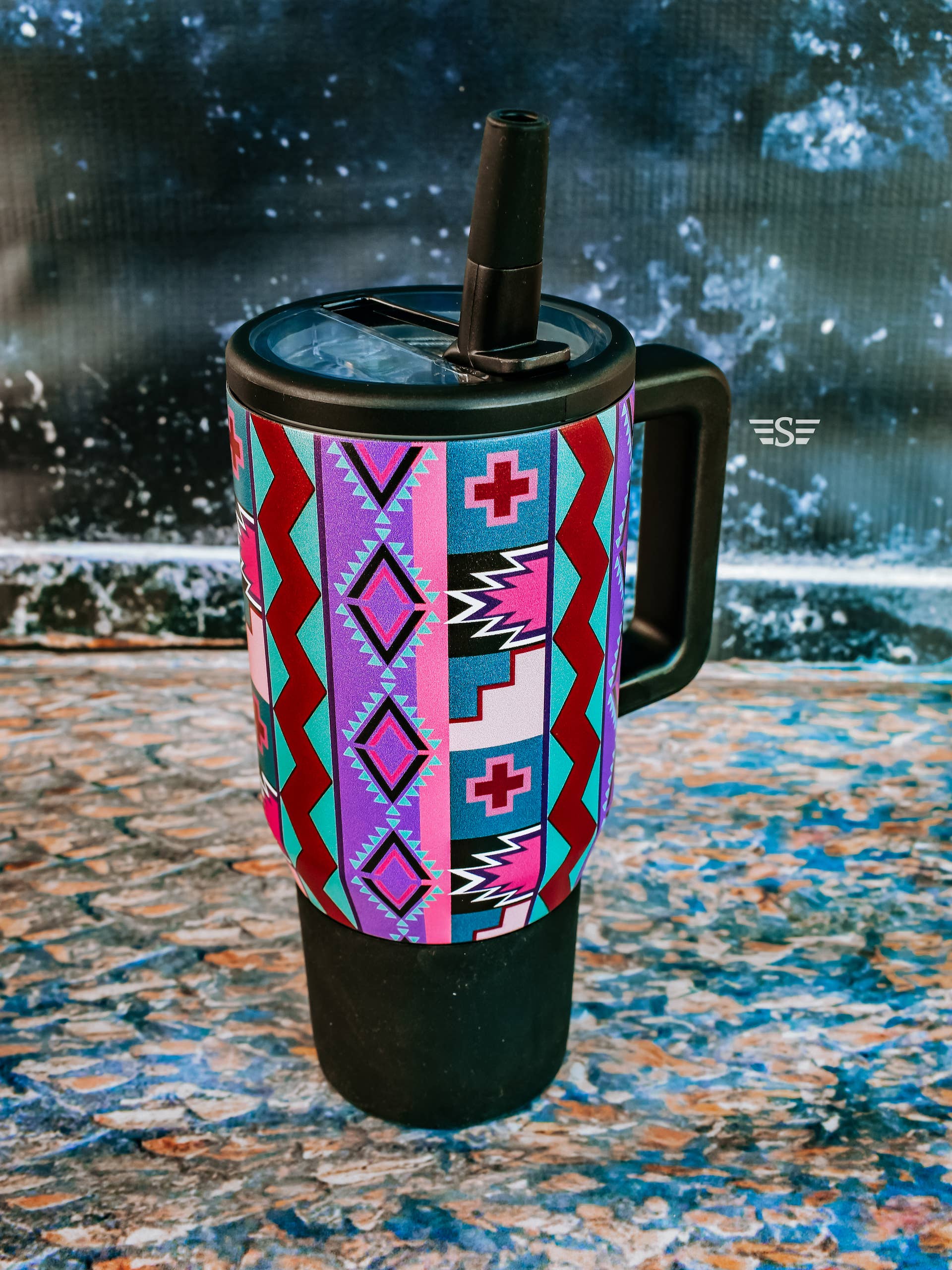 Purple Vintage Geo Flip Lid Tumbler