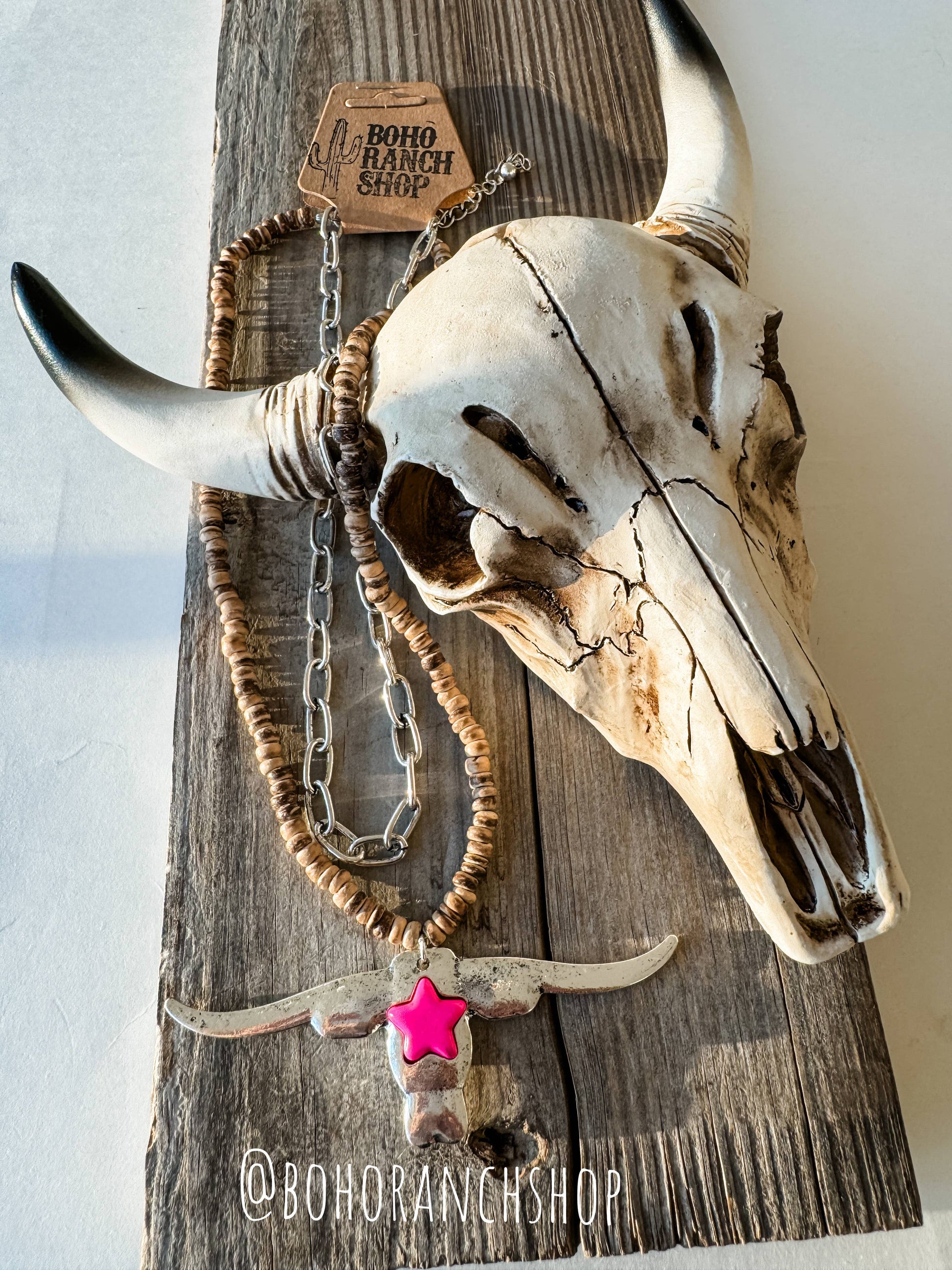 Longhorn Pendant Necklace - Wood Beads - Bull Steer Western