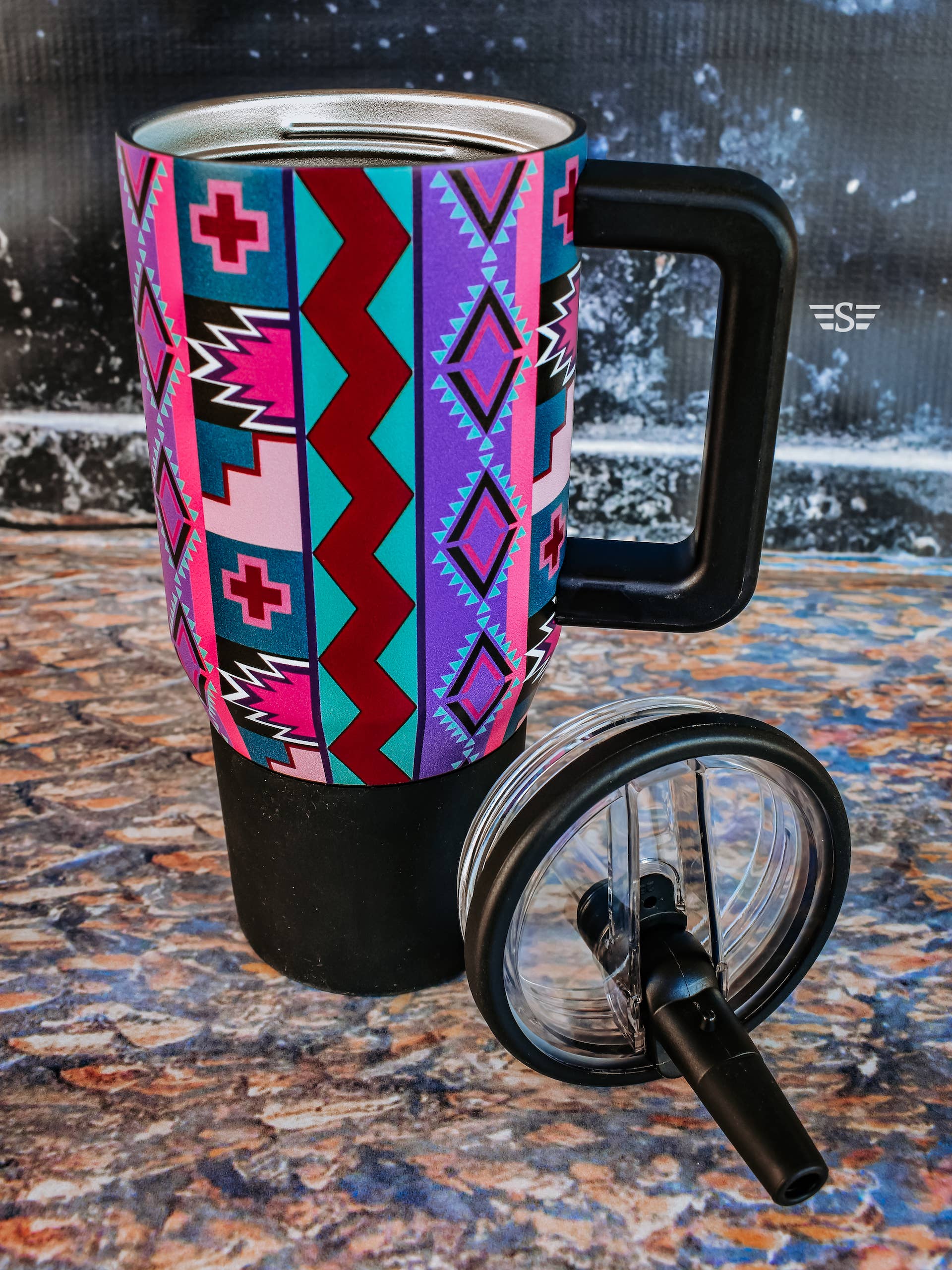 Purple Vintage Geo Flip Lid Tumbler