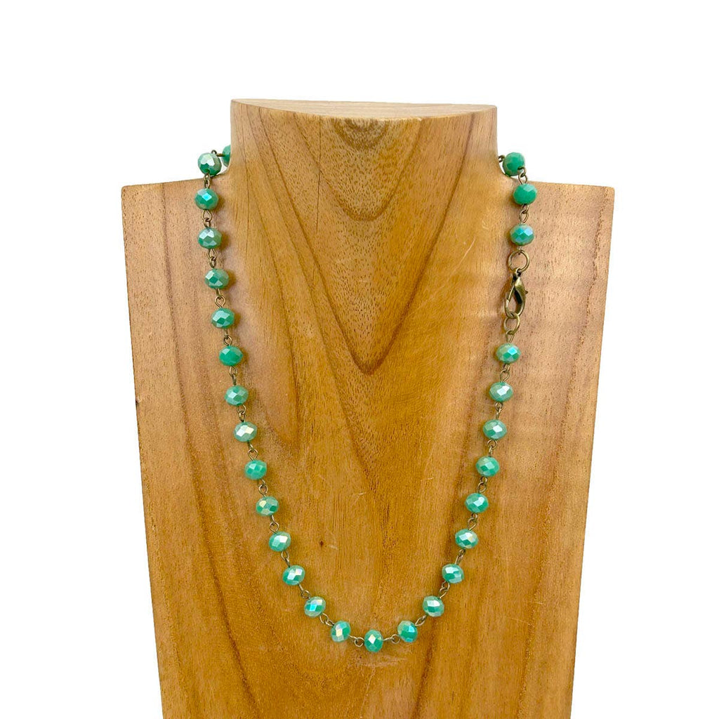 NKZ231116-48                17 Inches copper metal chain with green face cut crystal beads Necklace
