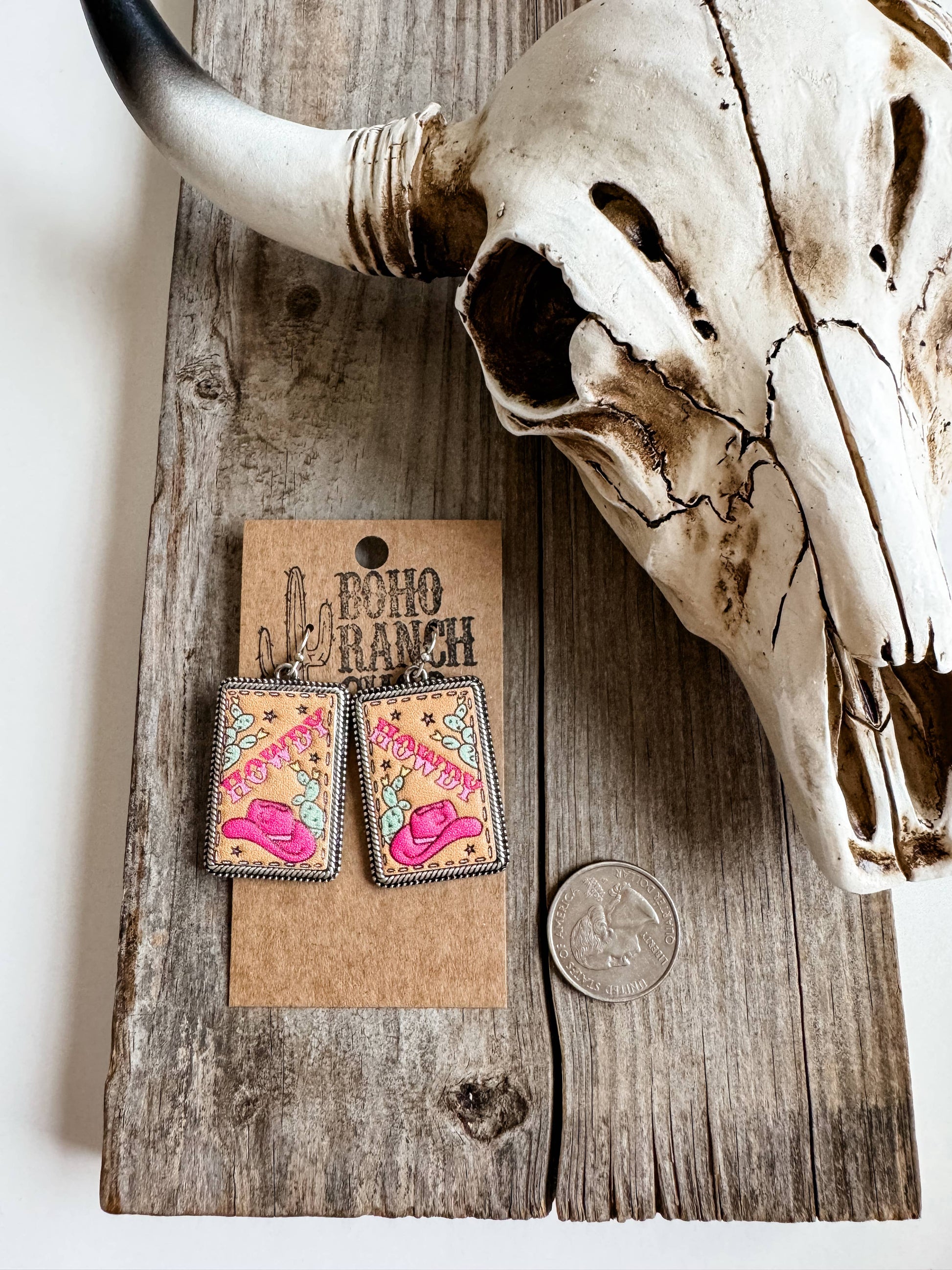 Western Tooled Leather Square Earrings - Howdy