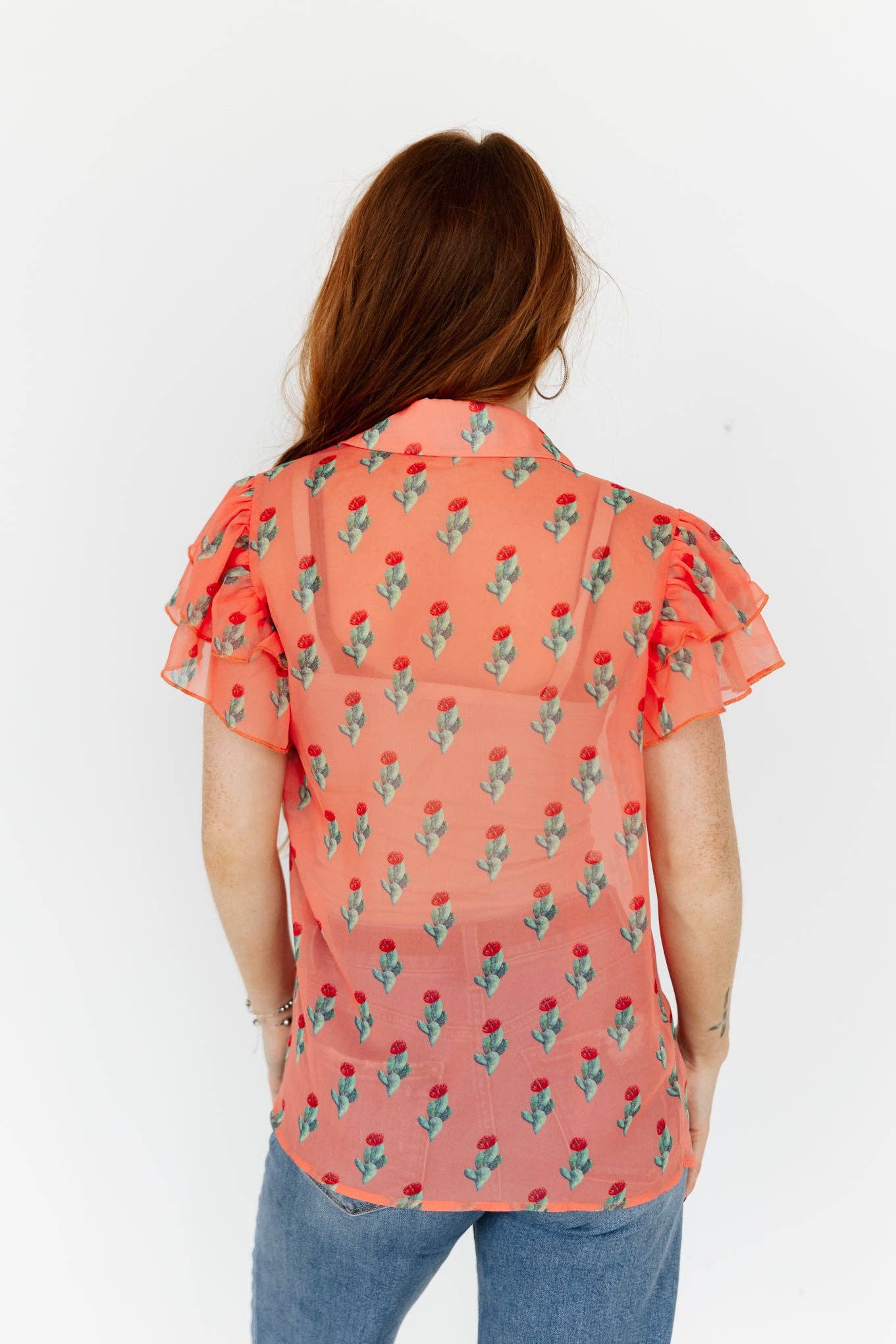 TH198 CORAL CACTUS DOUBLE FLUTTER BLOUSE