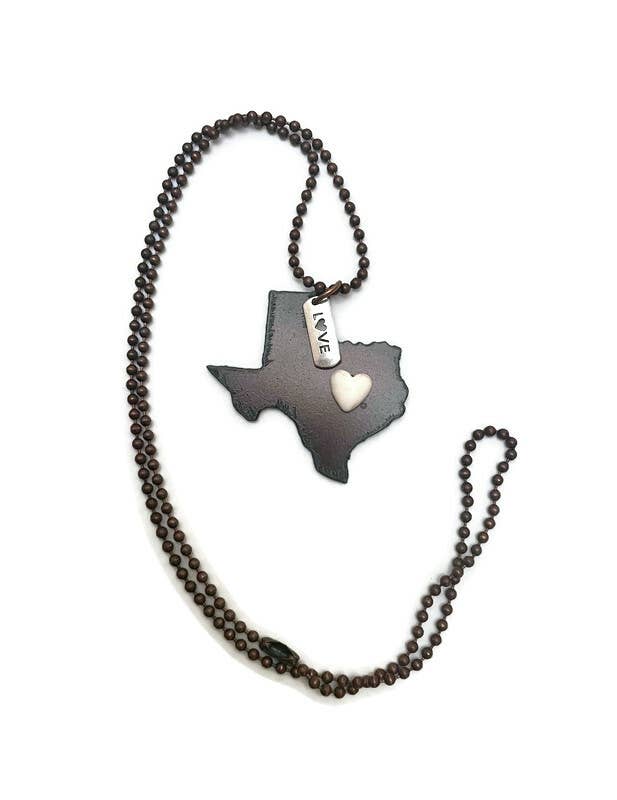 Rustic TEXAS shape silver love charm and heart