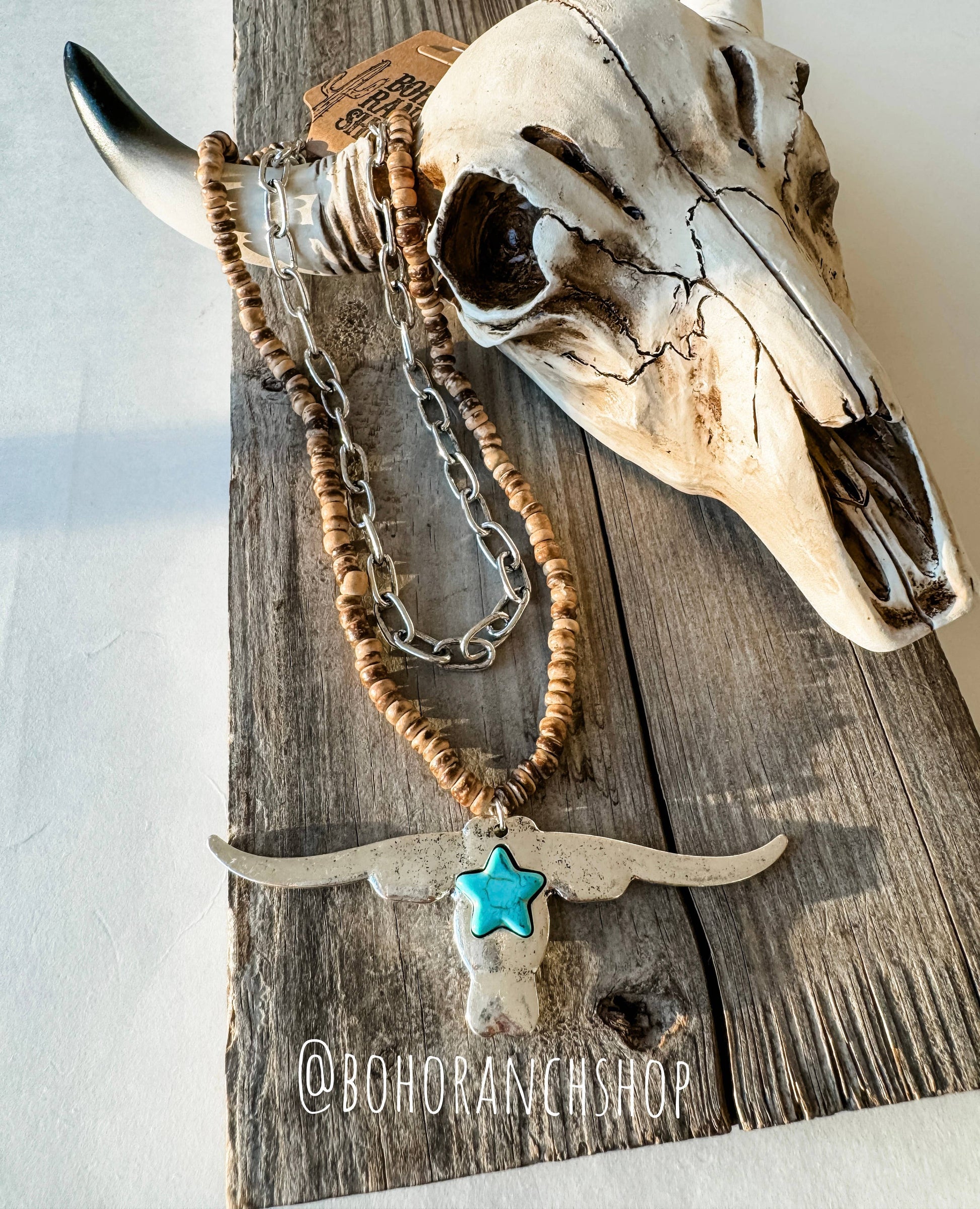 Longhorn Pendant Necklace - Wood Beads - Bull Steer Western