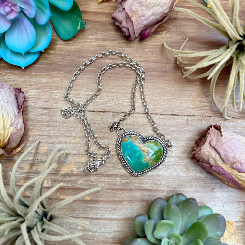 101 - Sterling Silver Kingman Turquoise Heart Bar Necklace by Jason Ogg