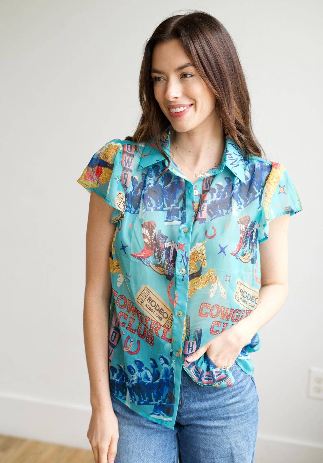 TH199 COWGIRL COLLAGE FLUTTER SLEEVE BLOUSE
