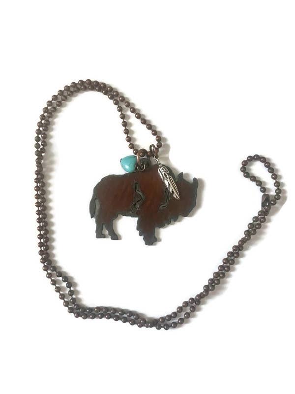 Rustic BUFFALO with feather charm and turquoise heart bead
