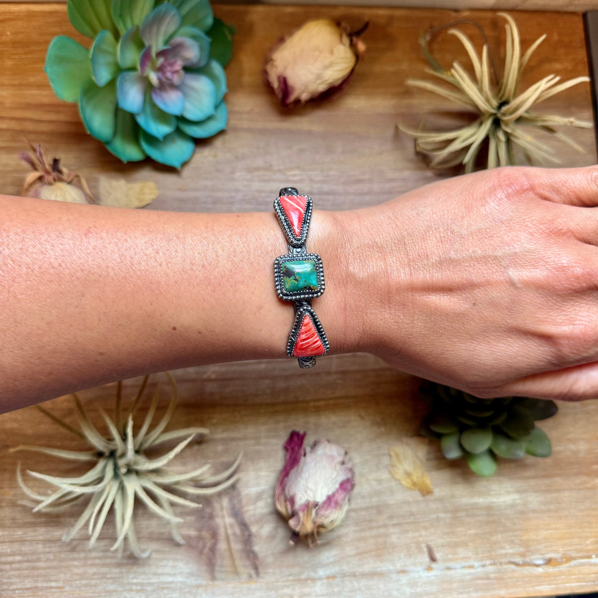 MJ Turquoise & Red Spiny Oyster Sterling Silver Cuff