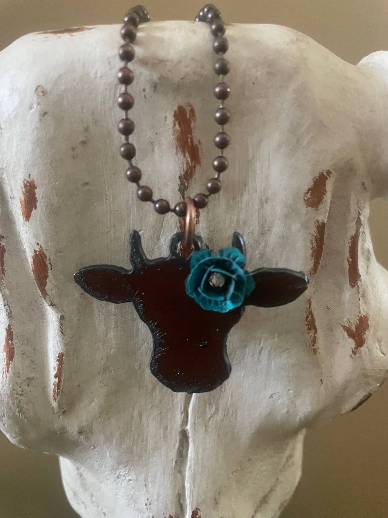 Rustic COW Face shape necklace with turquoise flower