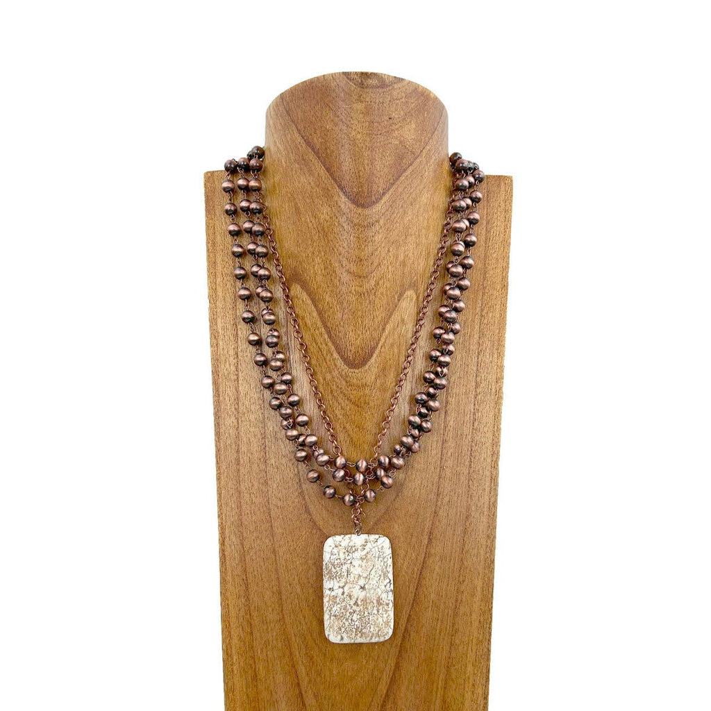 NKZ240217-03             21 Inches copper metal and Navajo pearl beads chain with large blue rectangle turquoise pendent necklace