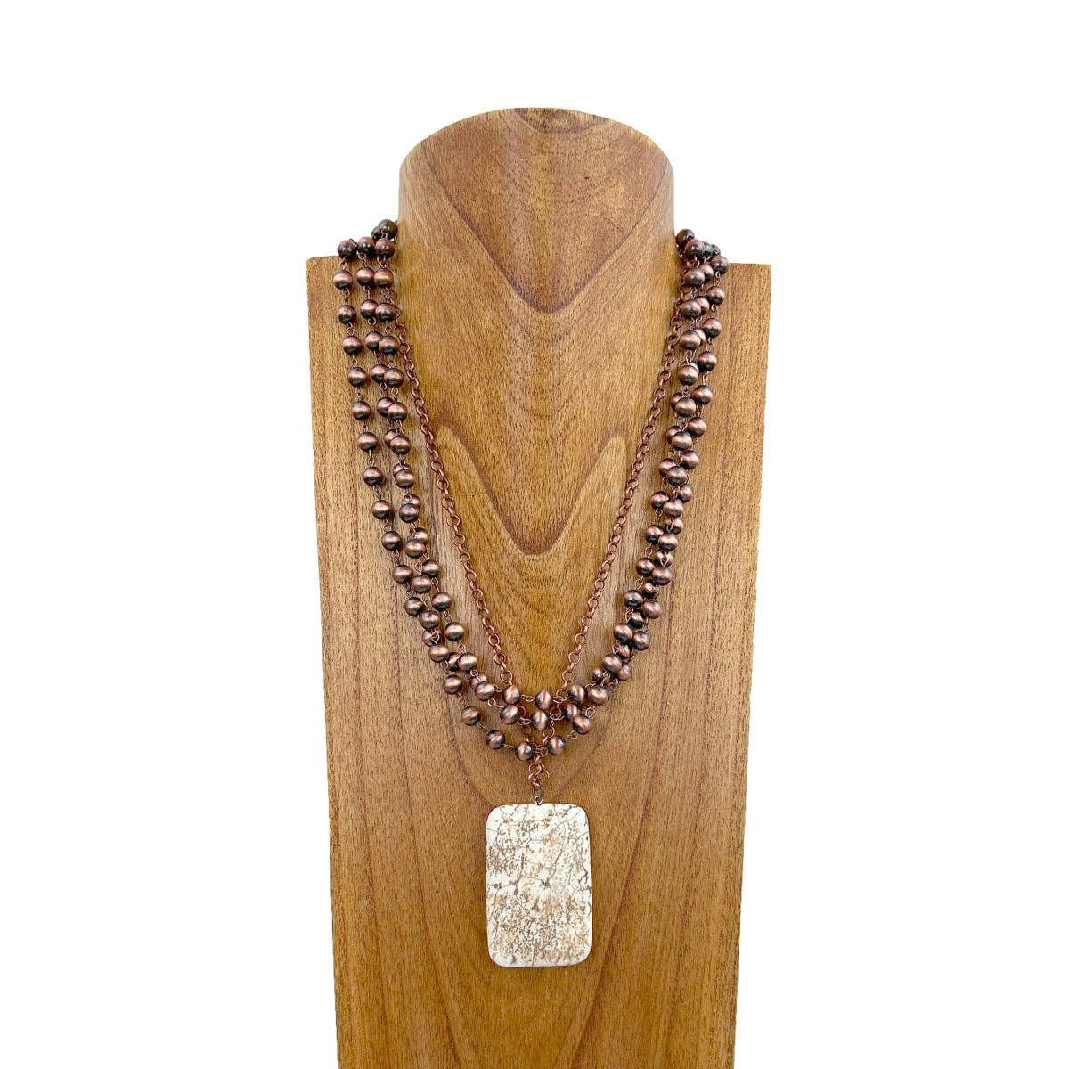 NKZ240217-03             21 Inches copper metal and Navajo pearl beads chain with large blue rectangle turquoise pendent necklace