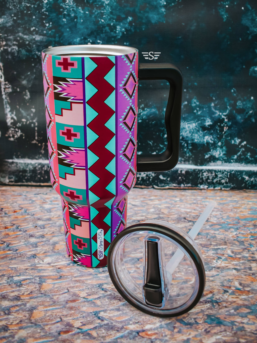 Purple Vintage Geo Flip Lid Tumbler