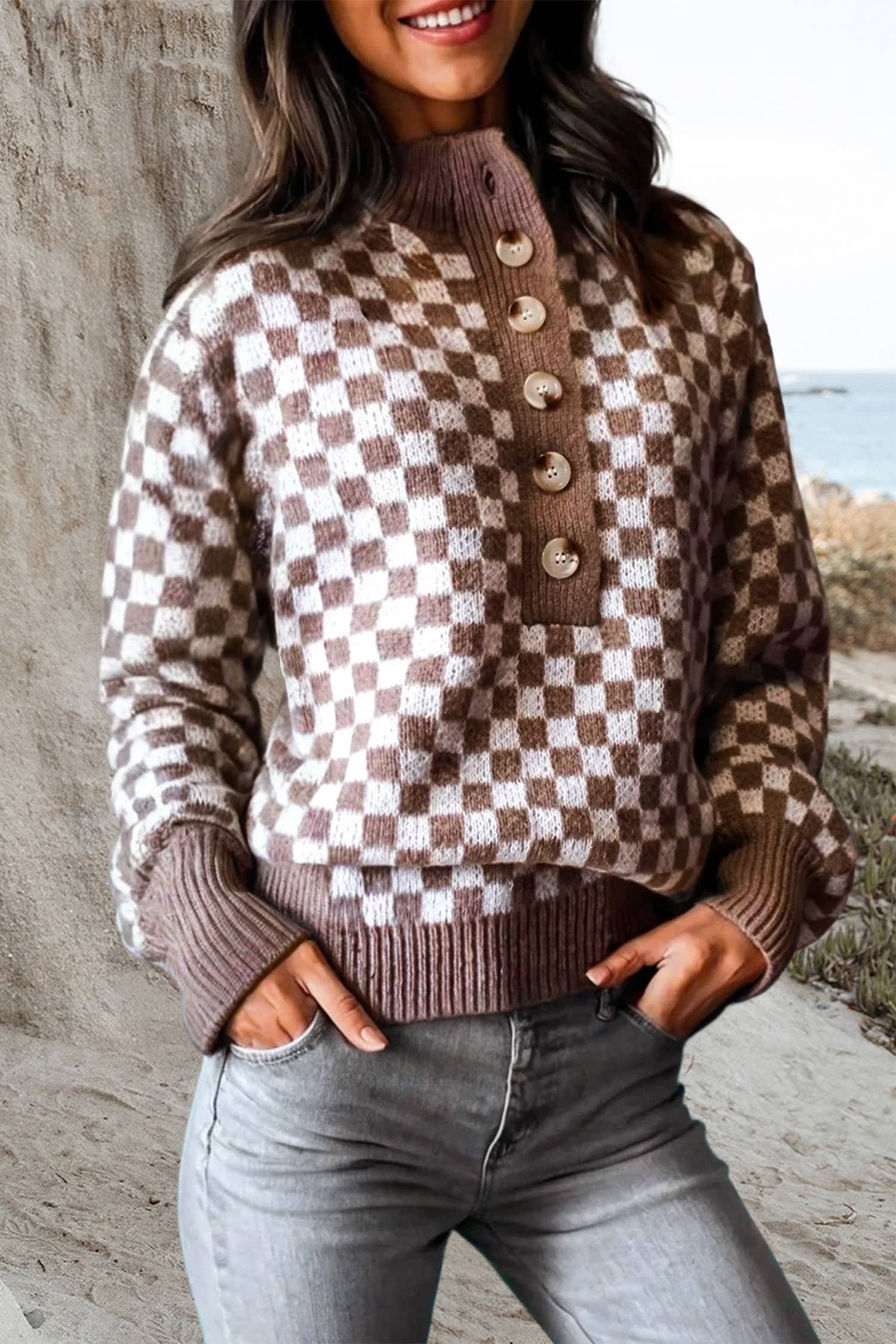 Checkerboard Half Button Knit Sweater | S-XL