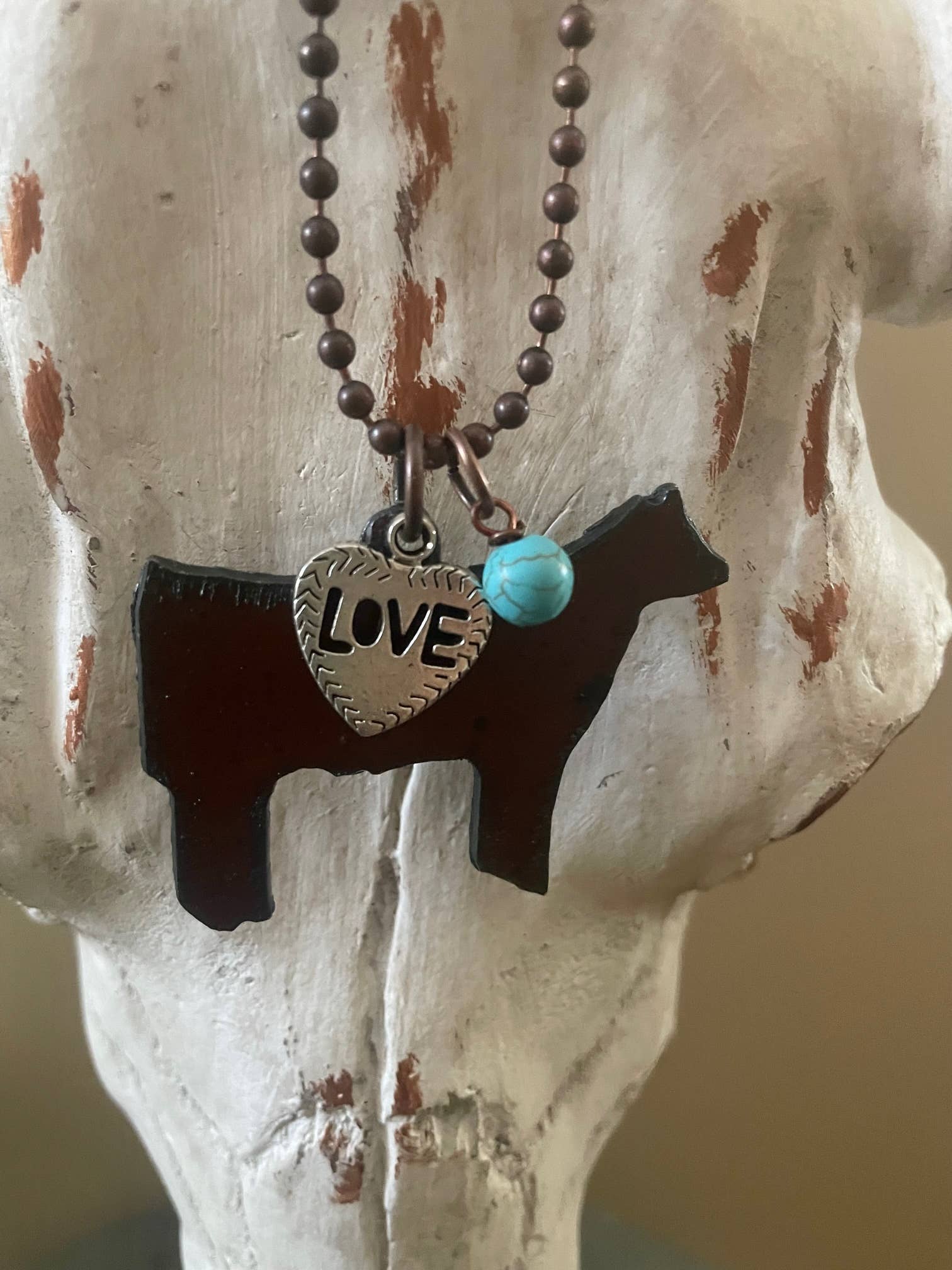 Rustic Show STEER Cow necklace with love charm and bead