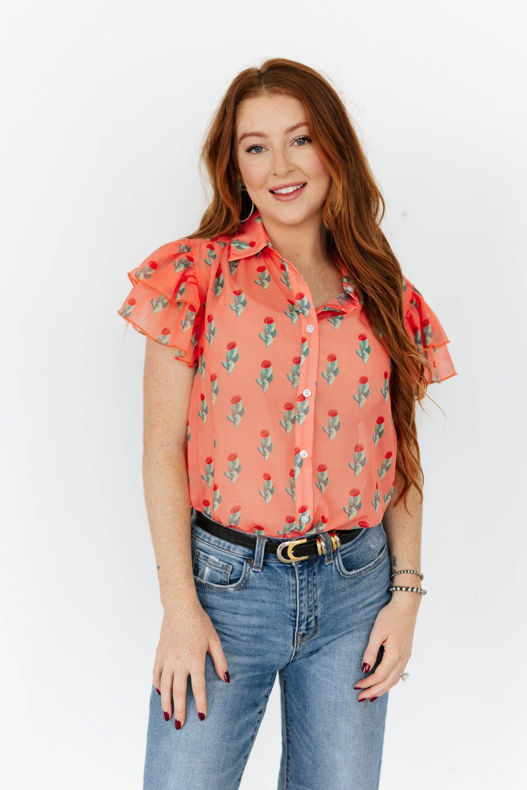 TH198 CORAL CACTUS DOUBLE FLUTTER BLOUSE