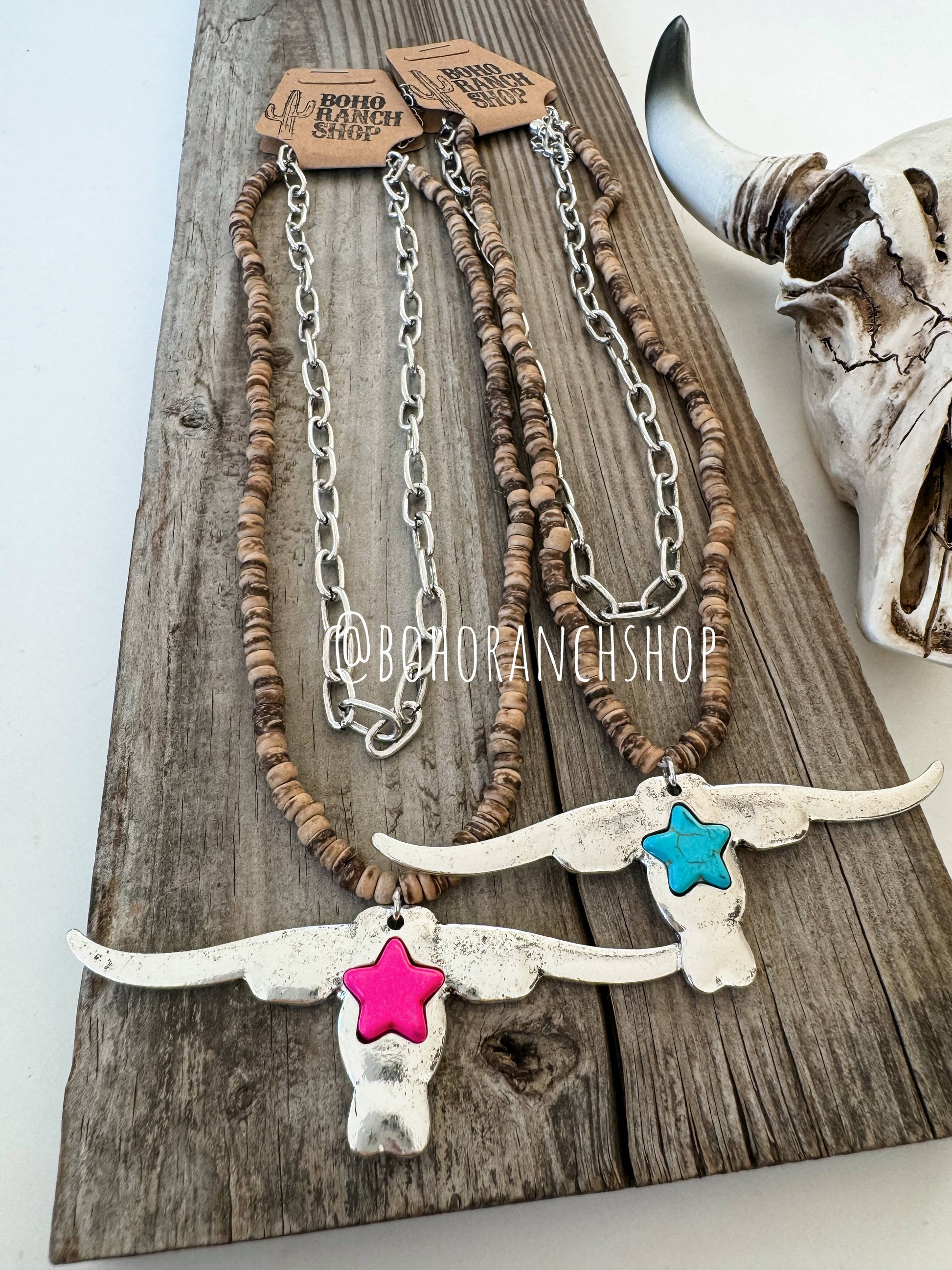 Longhorn Pendant Necklace - Wood Beads - Bull Steer Western