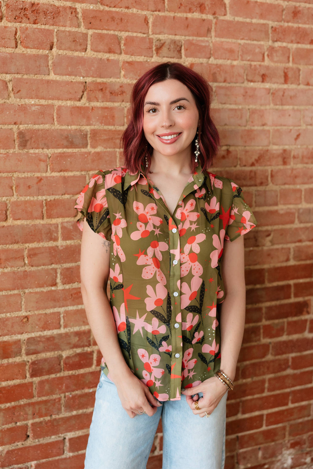 TH199 OLIVE PINK FLOWER DOT