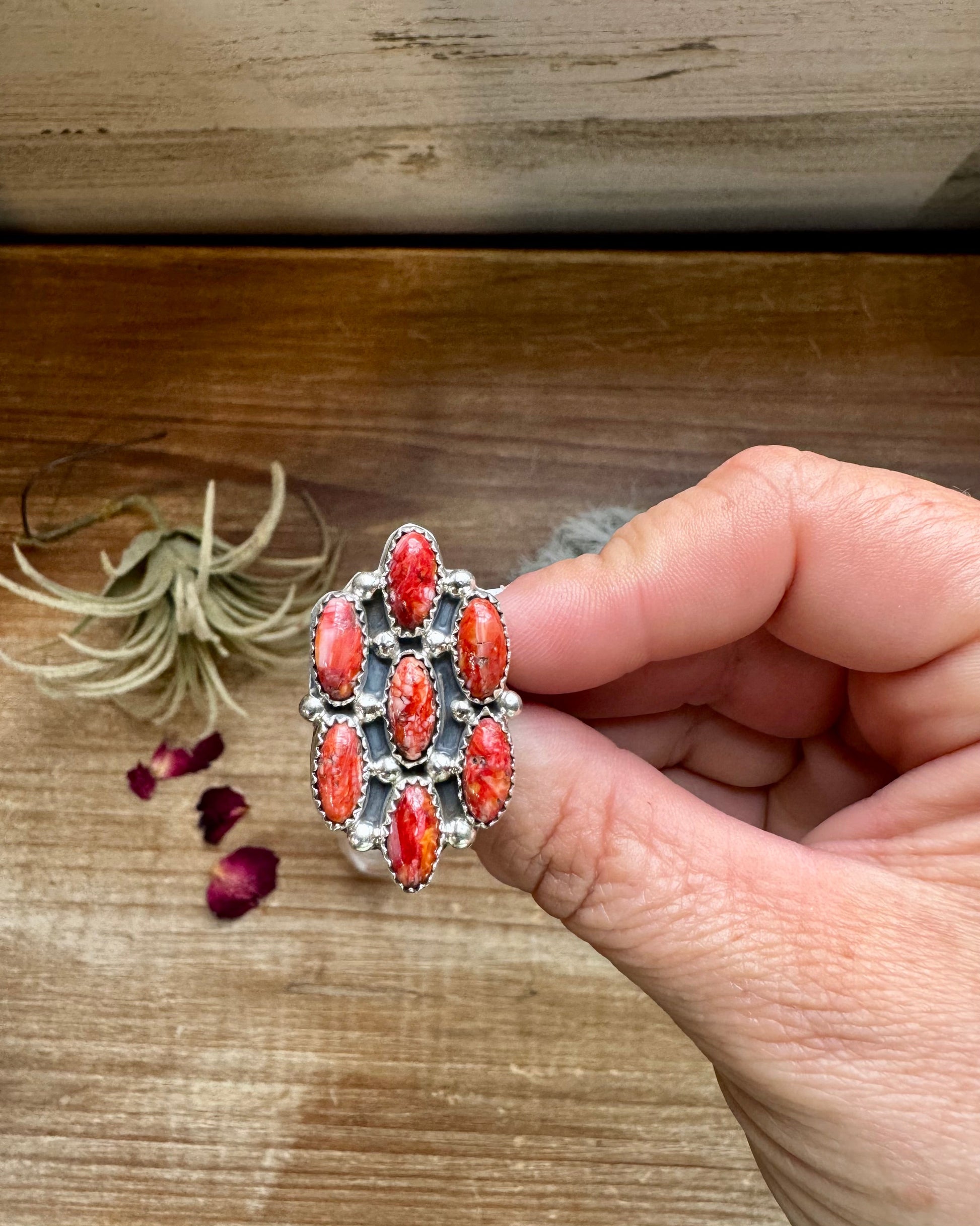 Cluster - size 8 - red spiny and sterling silver