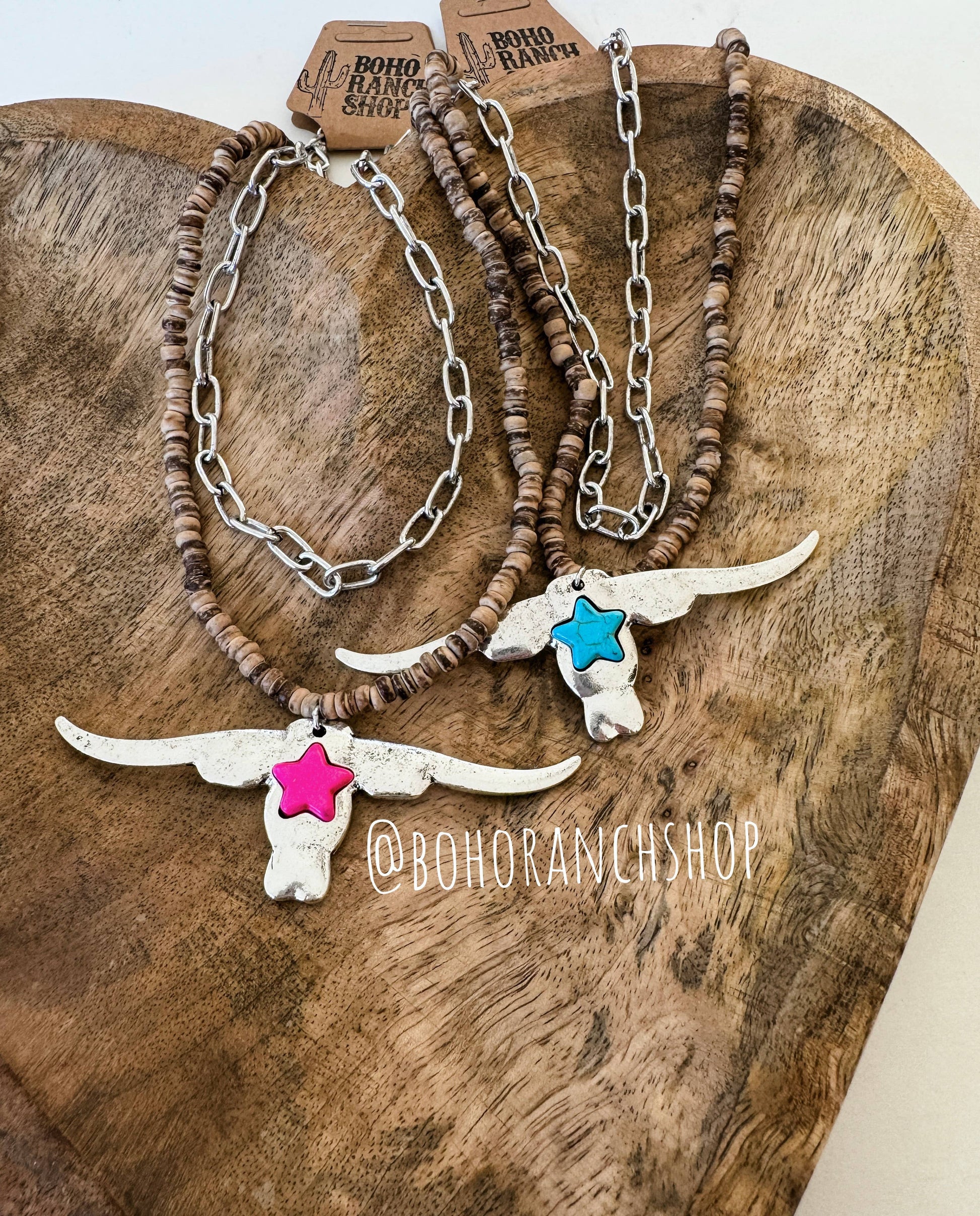 Longhorn Pendant Necklace - Wood Beads - Bull Steer Western