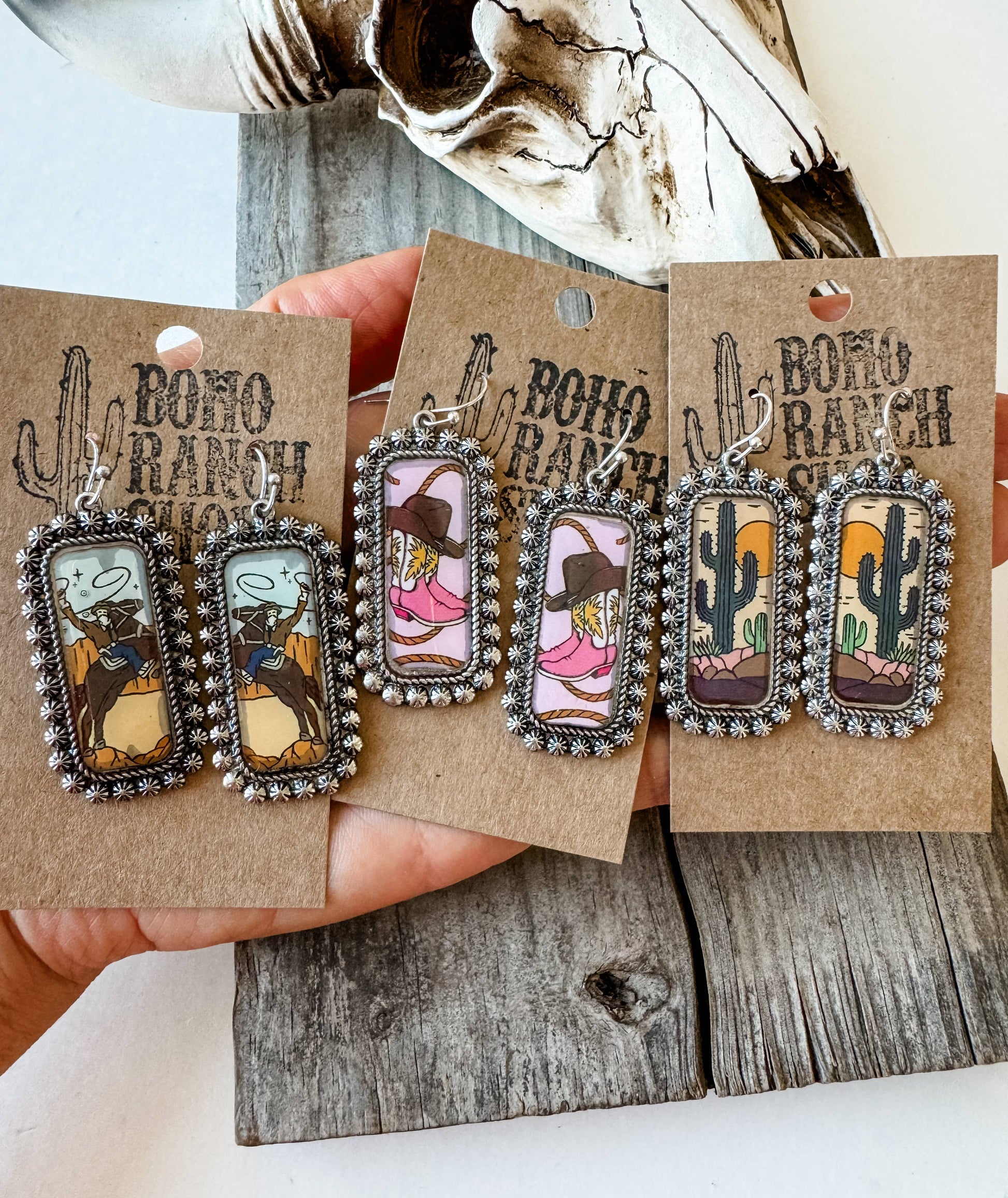 Western Scenery Cowgirl Earrings - rodeo cactus western boot