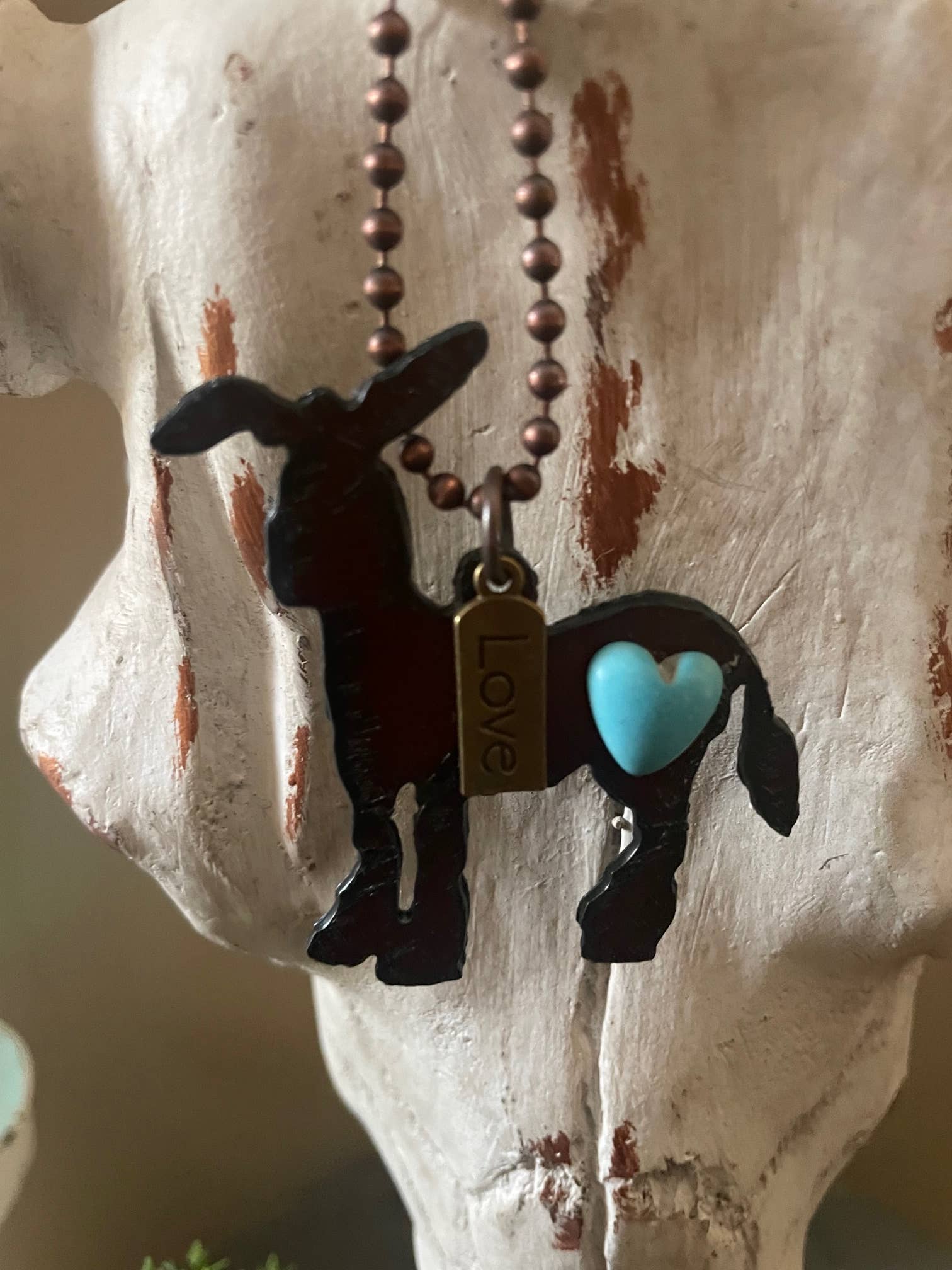 Rustic DONKEY with Love charm and faux turq heart cabochon