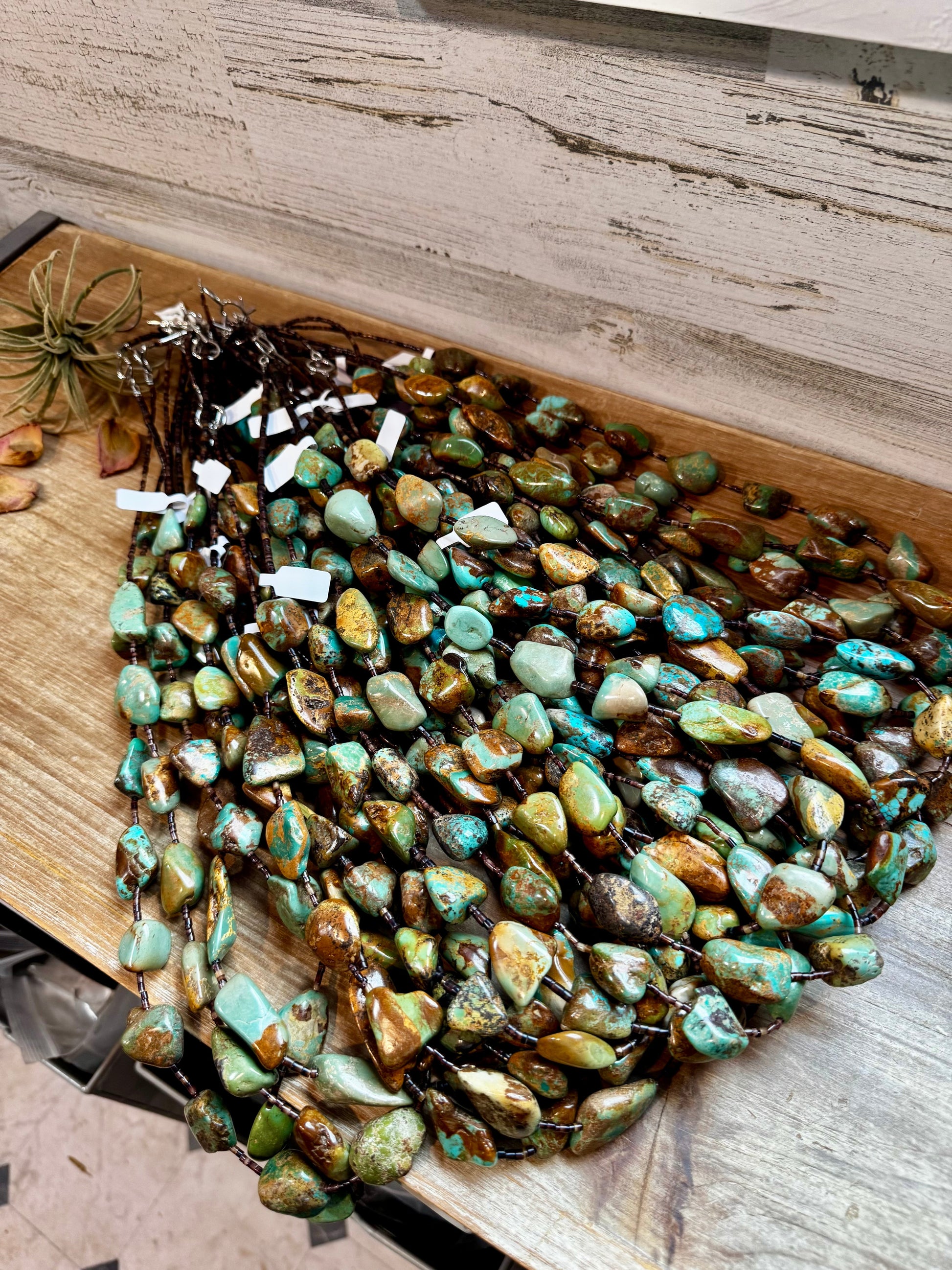 34-Inch Long Turquoise Nugget & Brown Shell Necklace