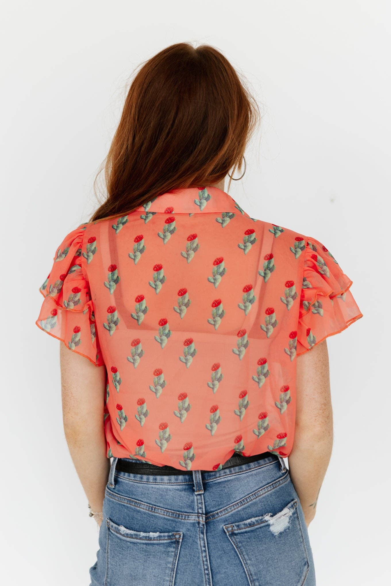 TH198 CORAL CACTUS DOUBLE FLUTTER BLOUSE